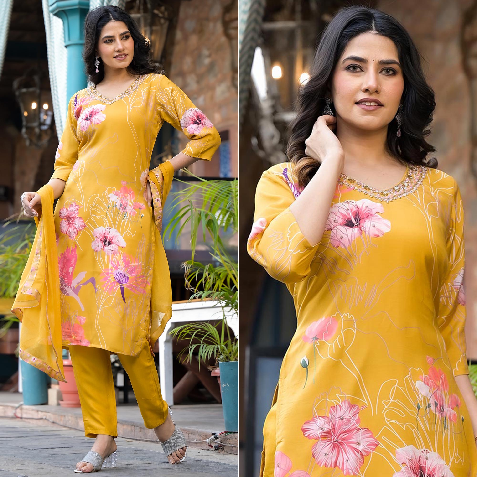 Mustard Floral Printed Viscose Salwar Suit With Beads Work