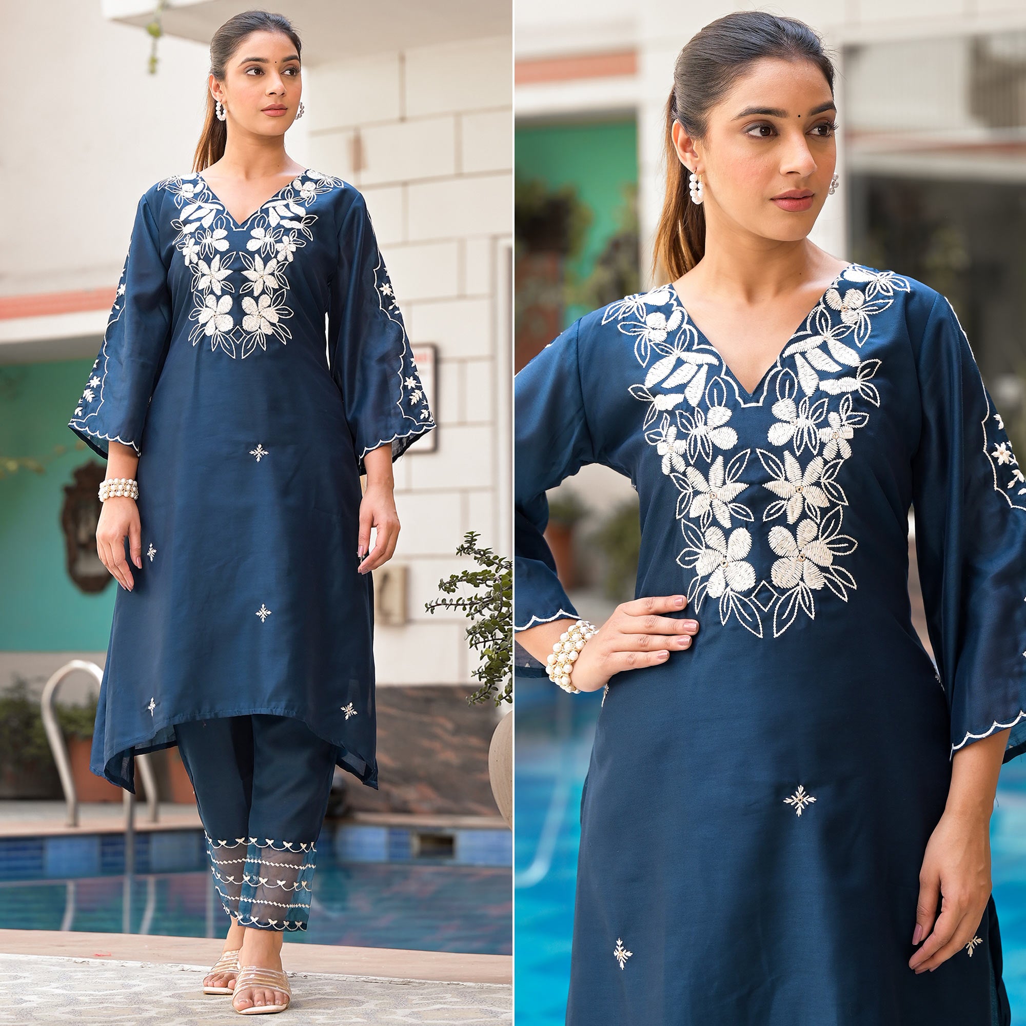 Blue Floral Embroidered Chanderi Silk Kurti Sets