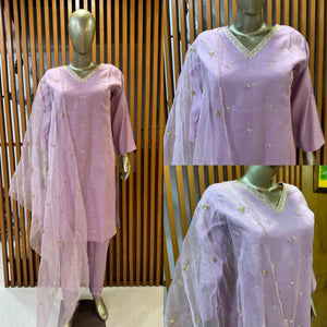 Lavender Embroidered Pure Silk Straight Salwar Suit