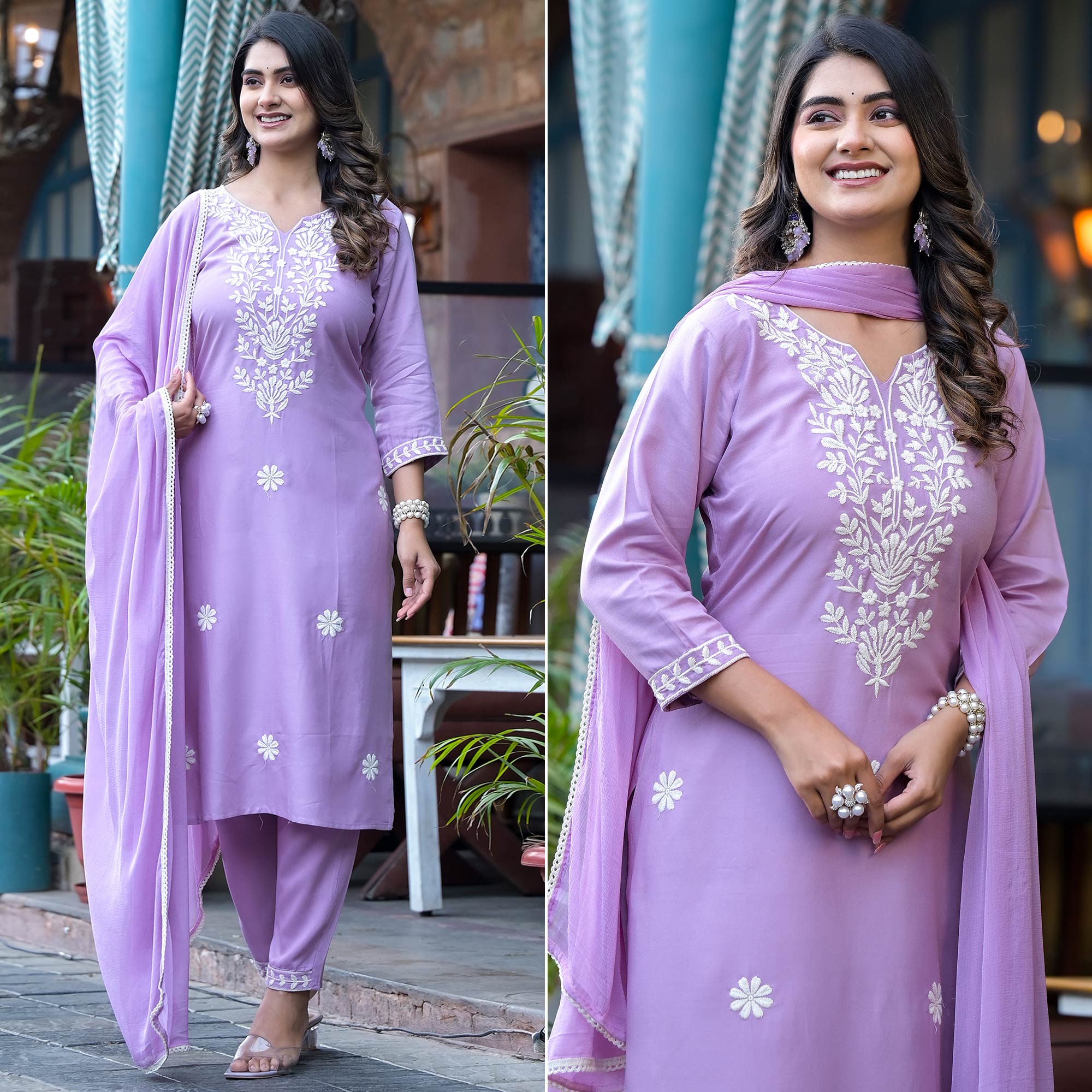 Lavender Lucknowi Embroidered Rayon Salwar Suit