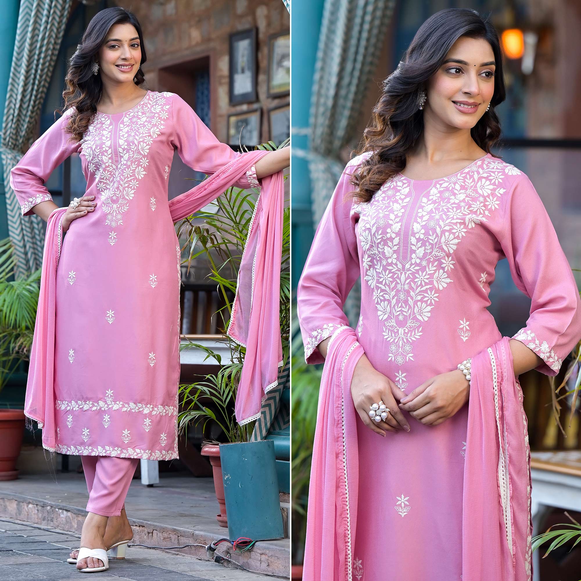 Pink Lucknowi Embroidered Rayon Salwar Suit