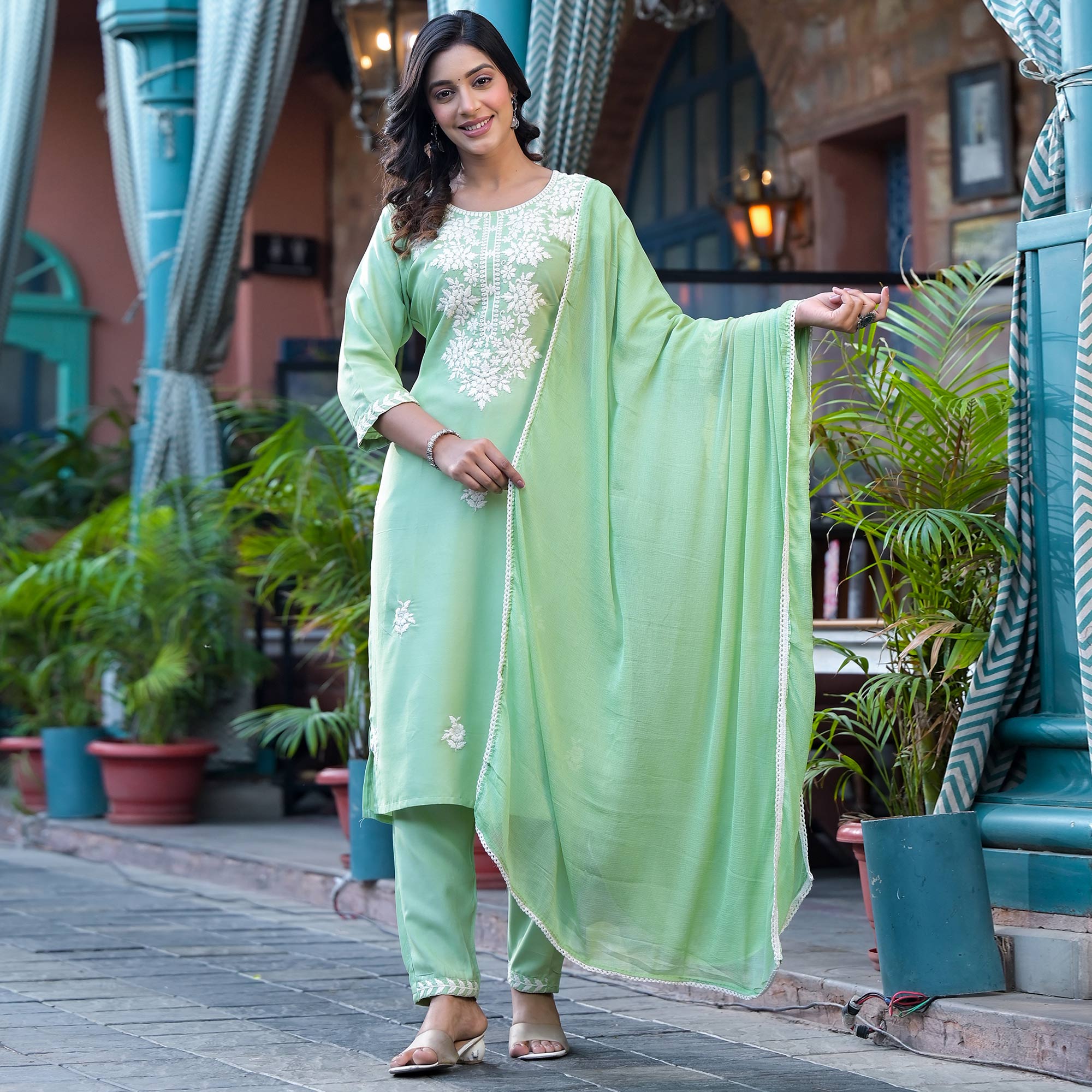 Pista Green Lucknowi Embroidered Rayon Salwar Suit