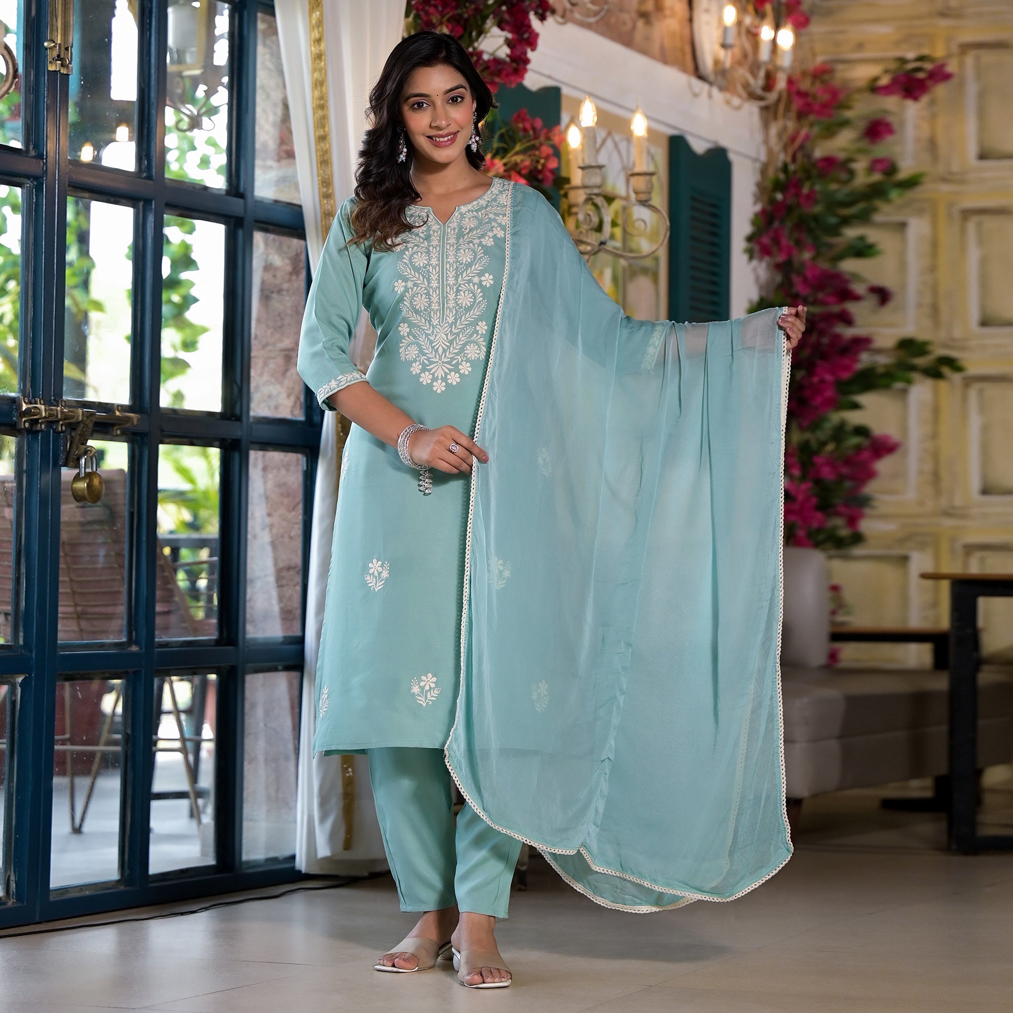 Sky Blue Lucknowi Embroidered Rayon Salwar Suit