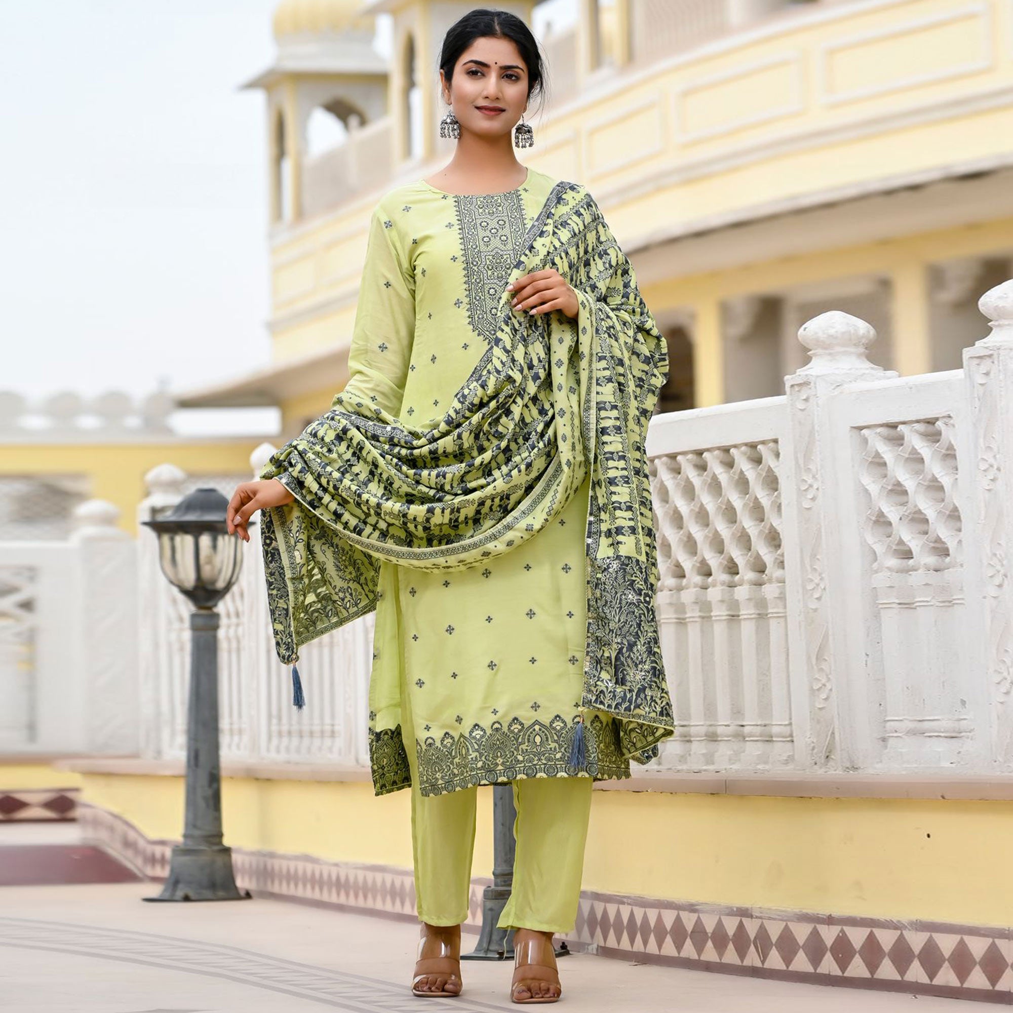 Green Floral Woven Viscose Salwar Suit