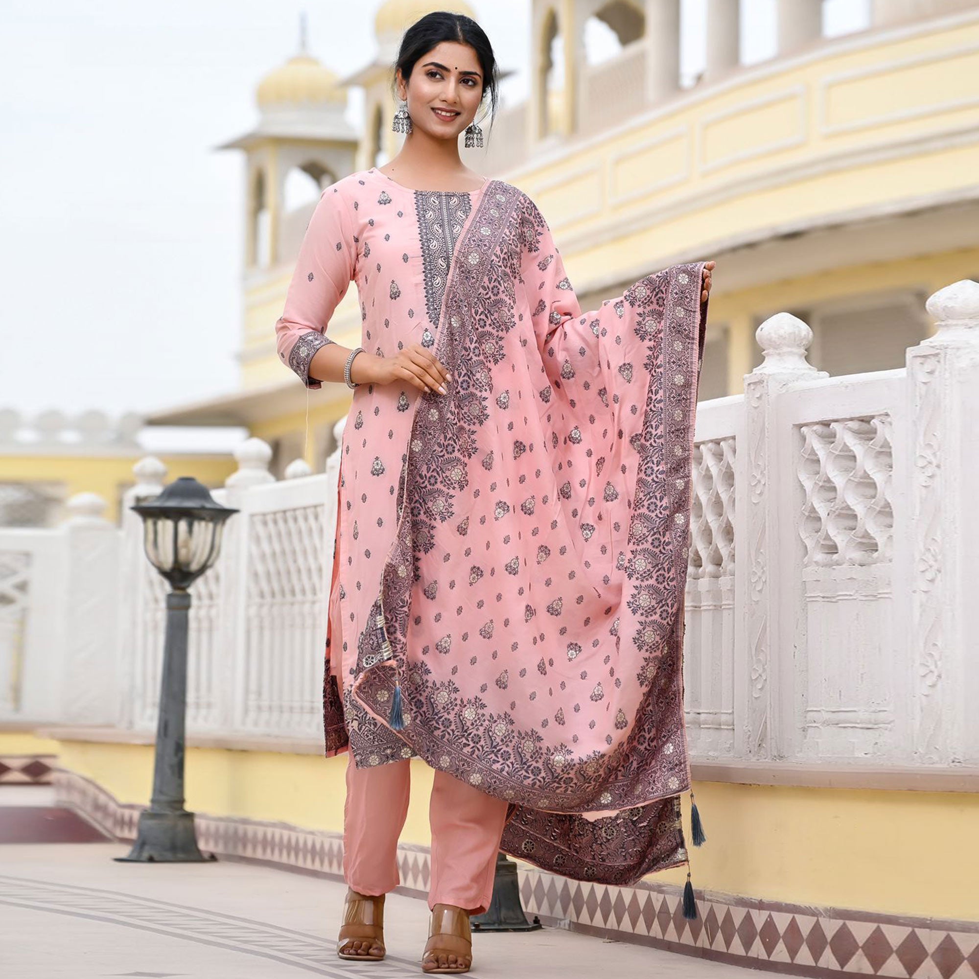 Peach Floral Woven Viscose Salwar Suit