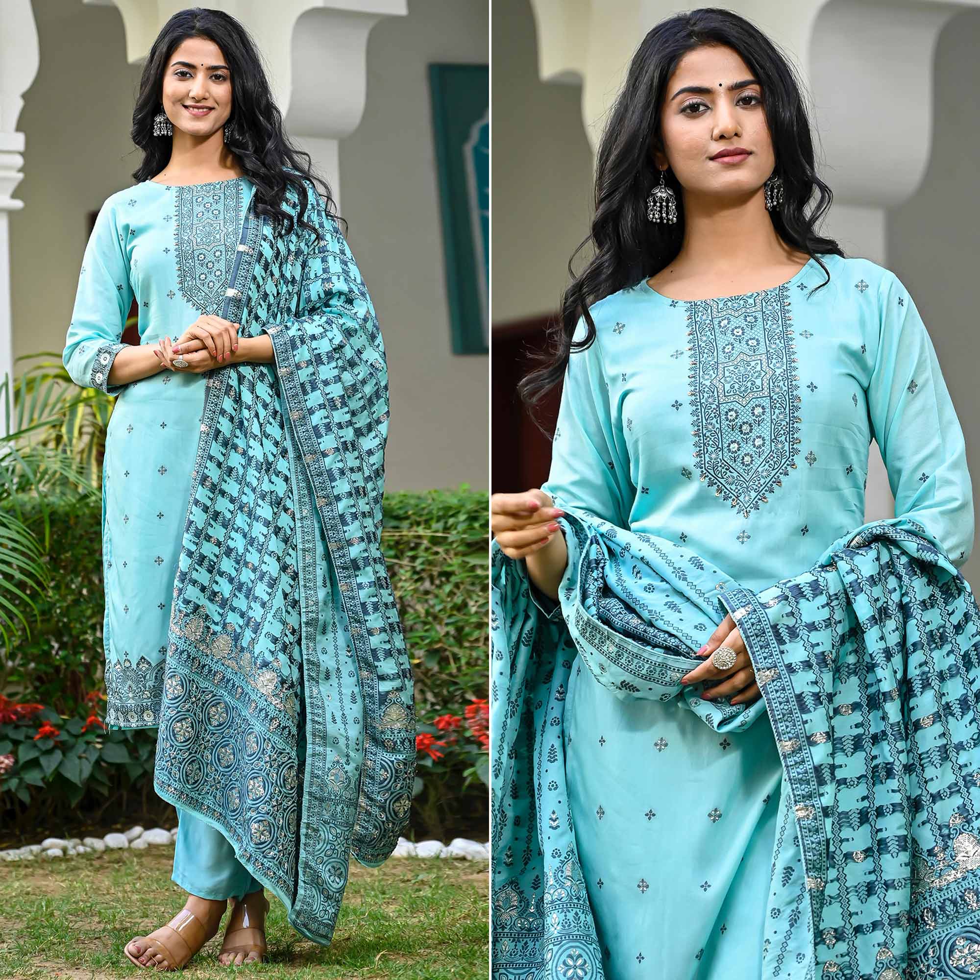 Turquoise Floral Woven Viscose Salwar Suit