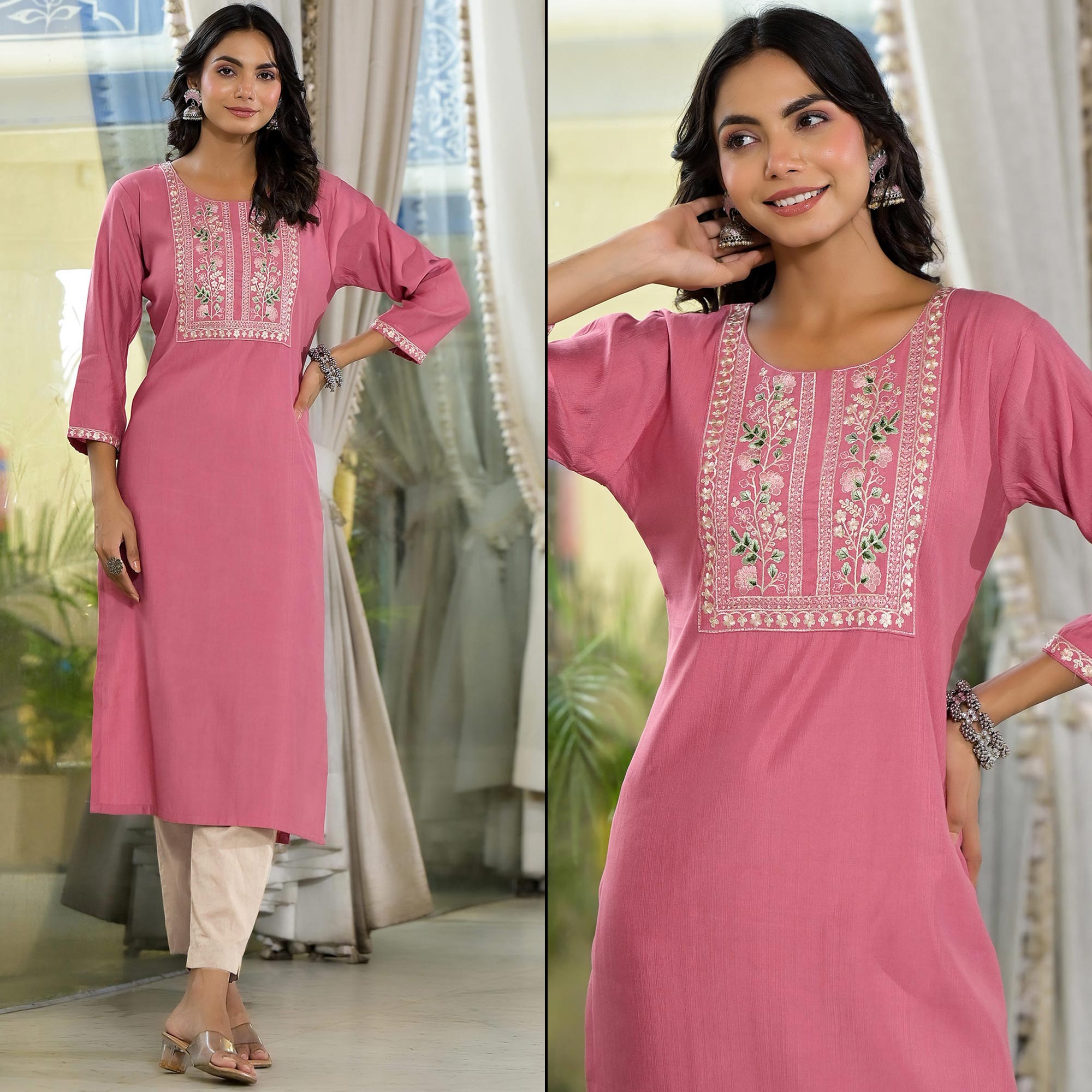 Pink Yoke Embroidered Viscose Straight Kurti