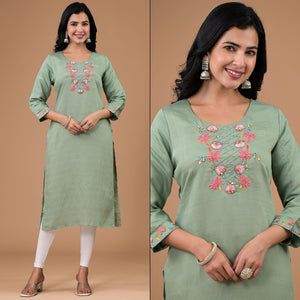 Mint Green Yoke Embroidered Viscose Straight Kurti