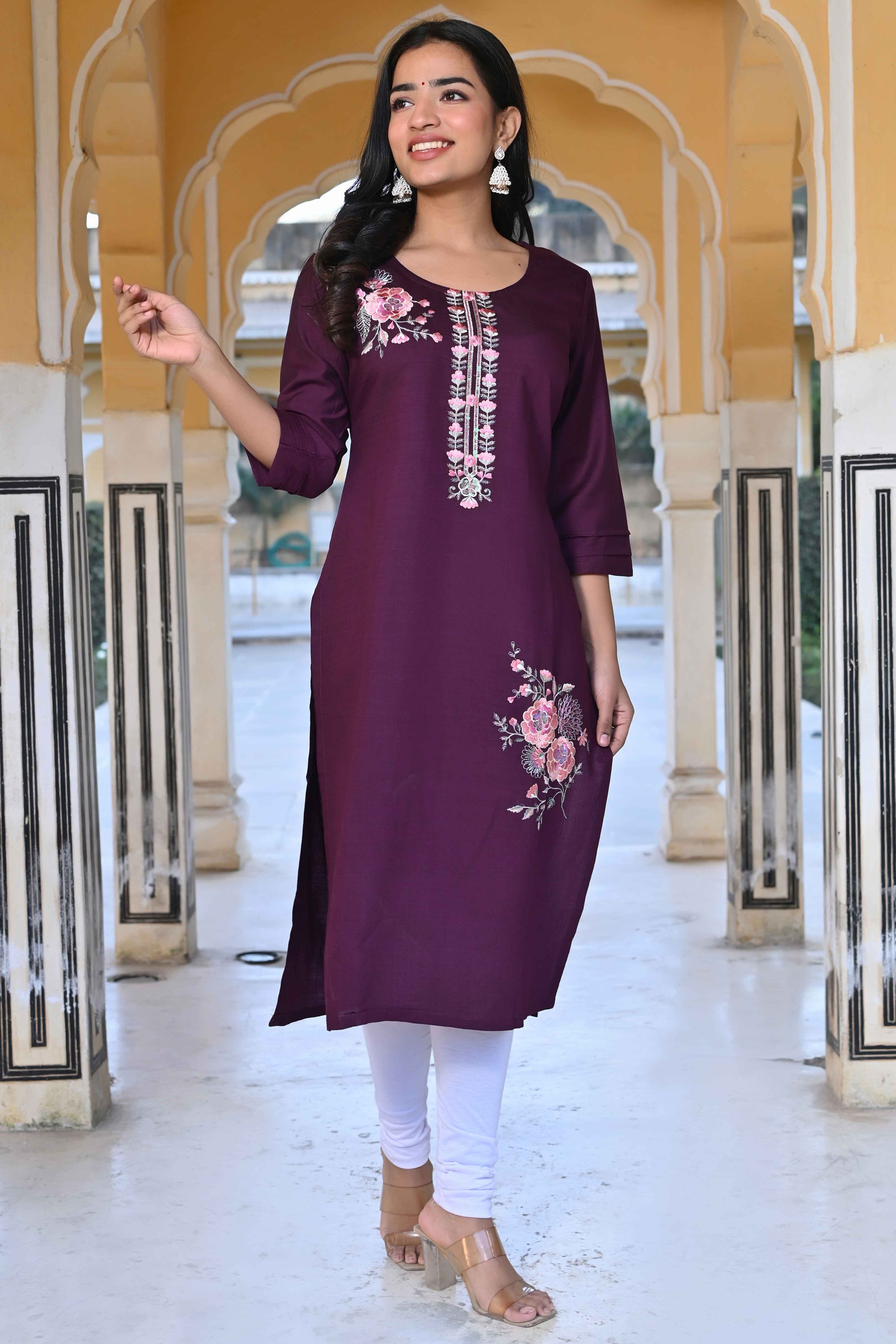 Purple Floral Embroidered Viscose Straight Kurti