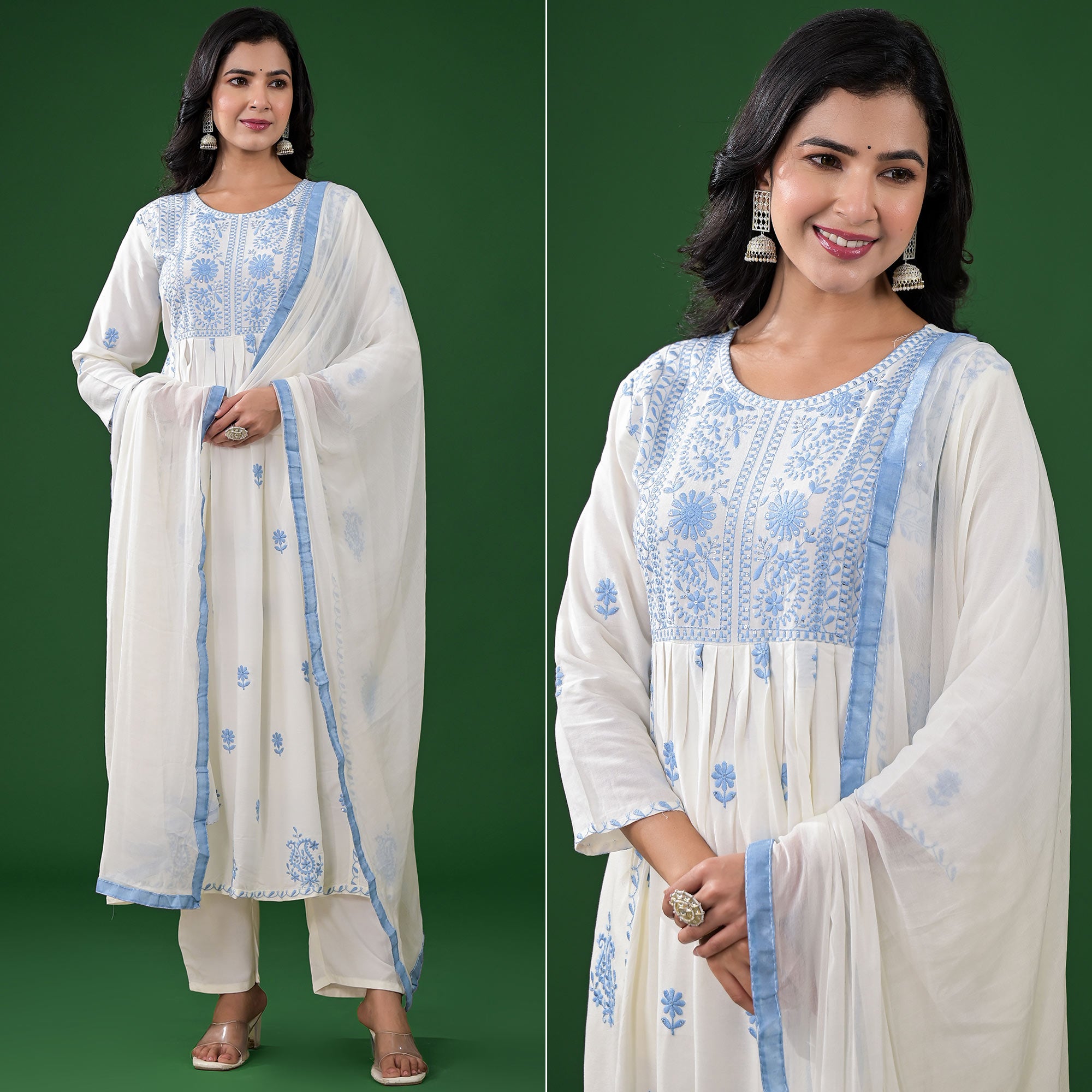 White Floral Embroidered Rayon A-Line Salwar Suit