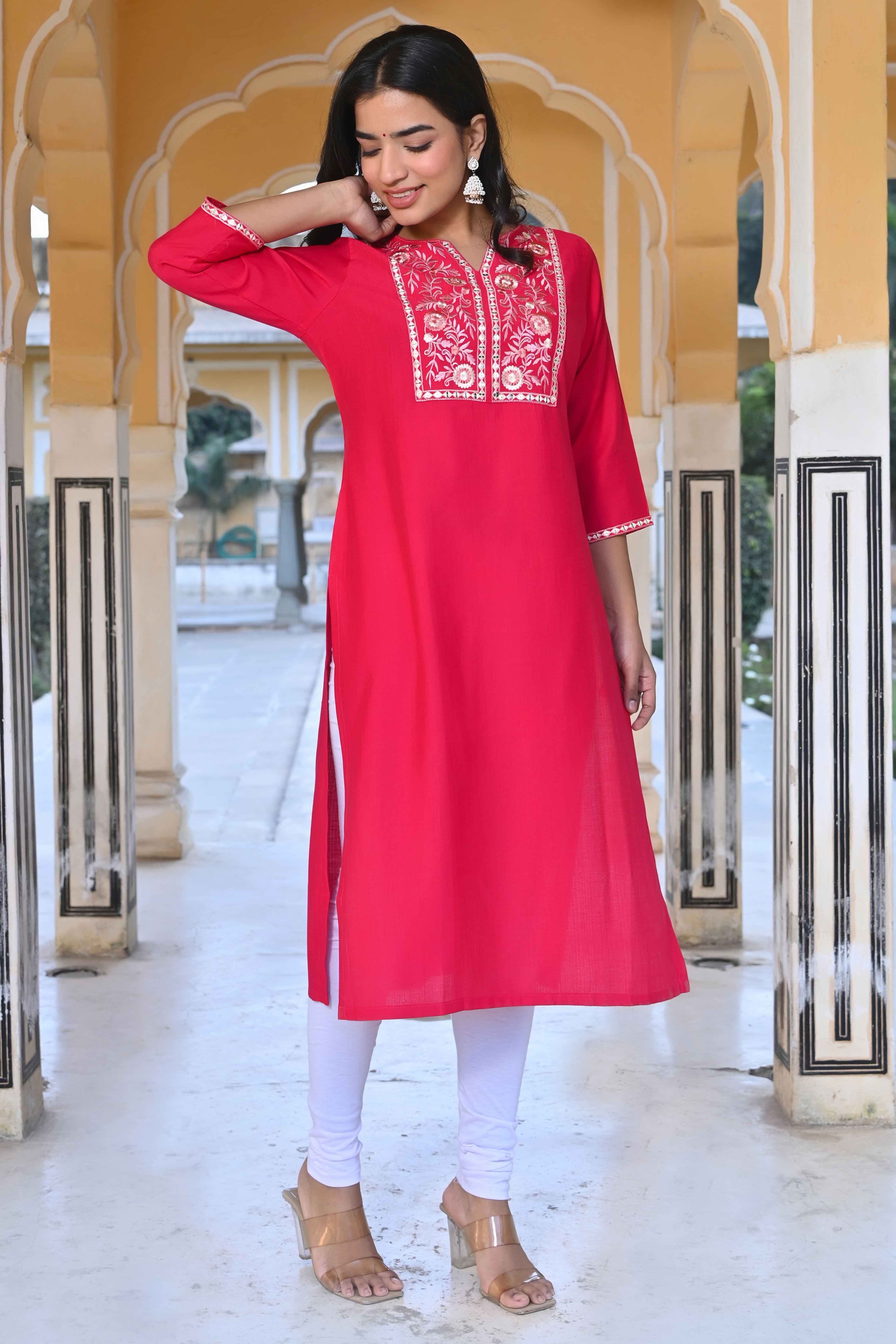 Pink Yoke Embroidered Pure Cotton Straight Kurti