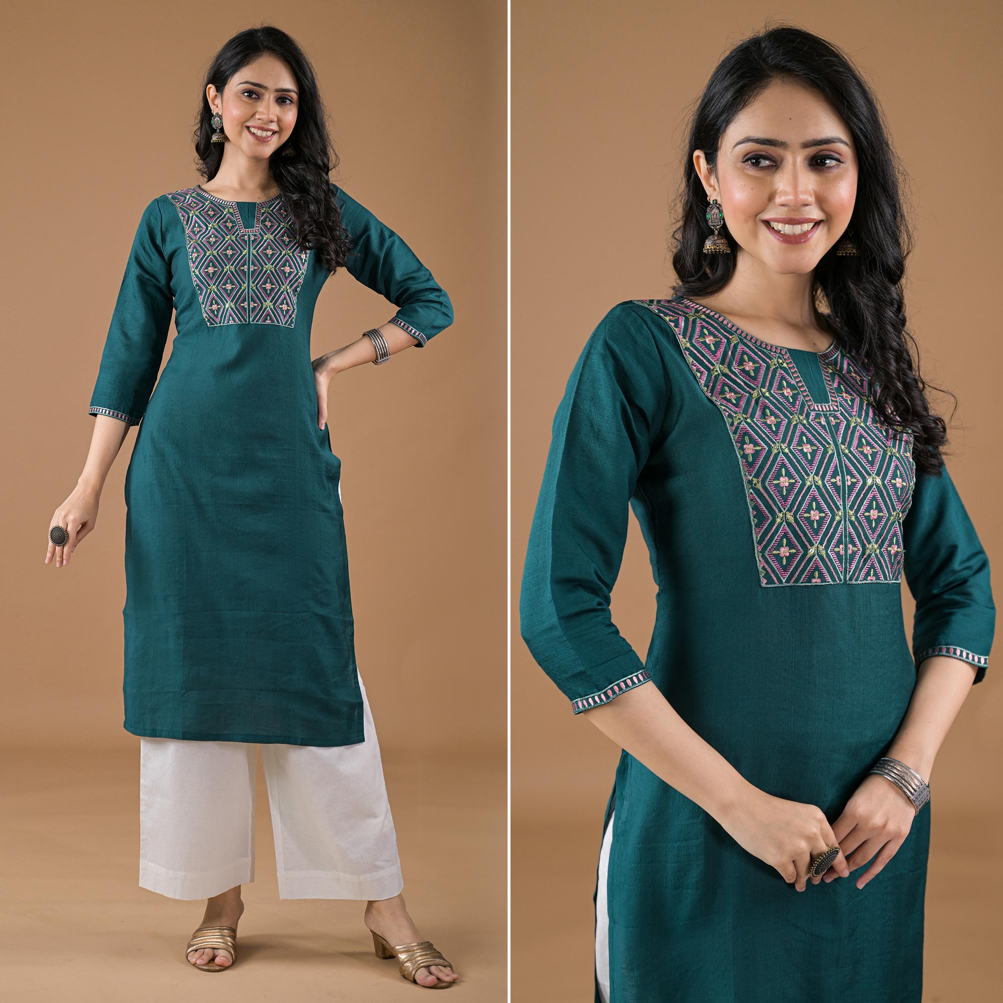 Green Yoke Embroidered Pure Cotton Straight Kurti