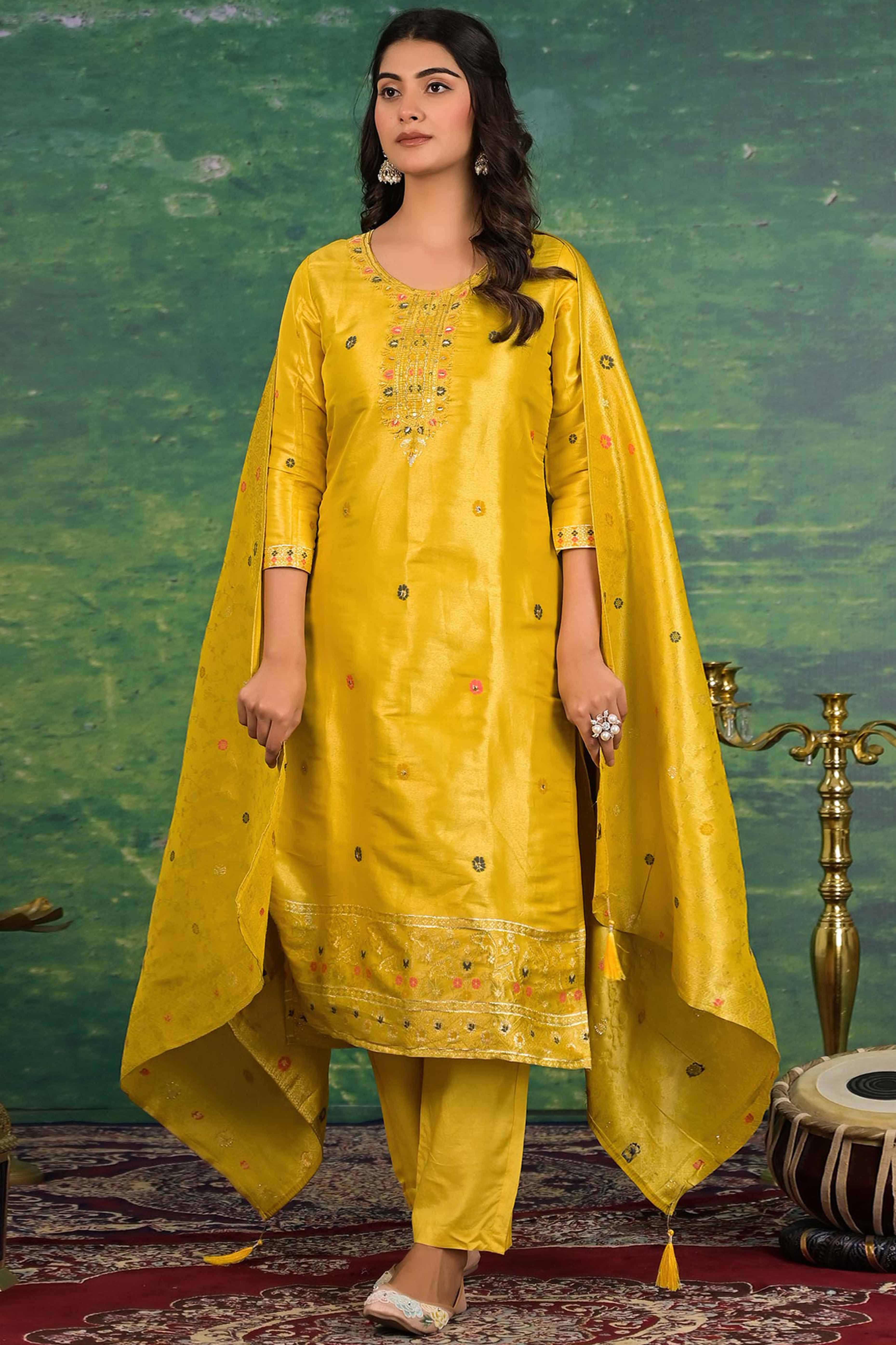 Mustard Floral Woven Dola Silk Salwar Suit