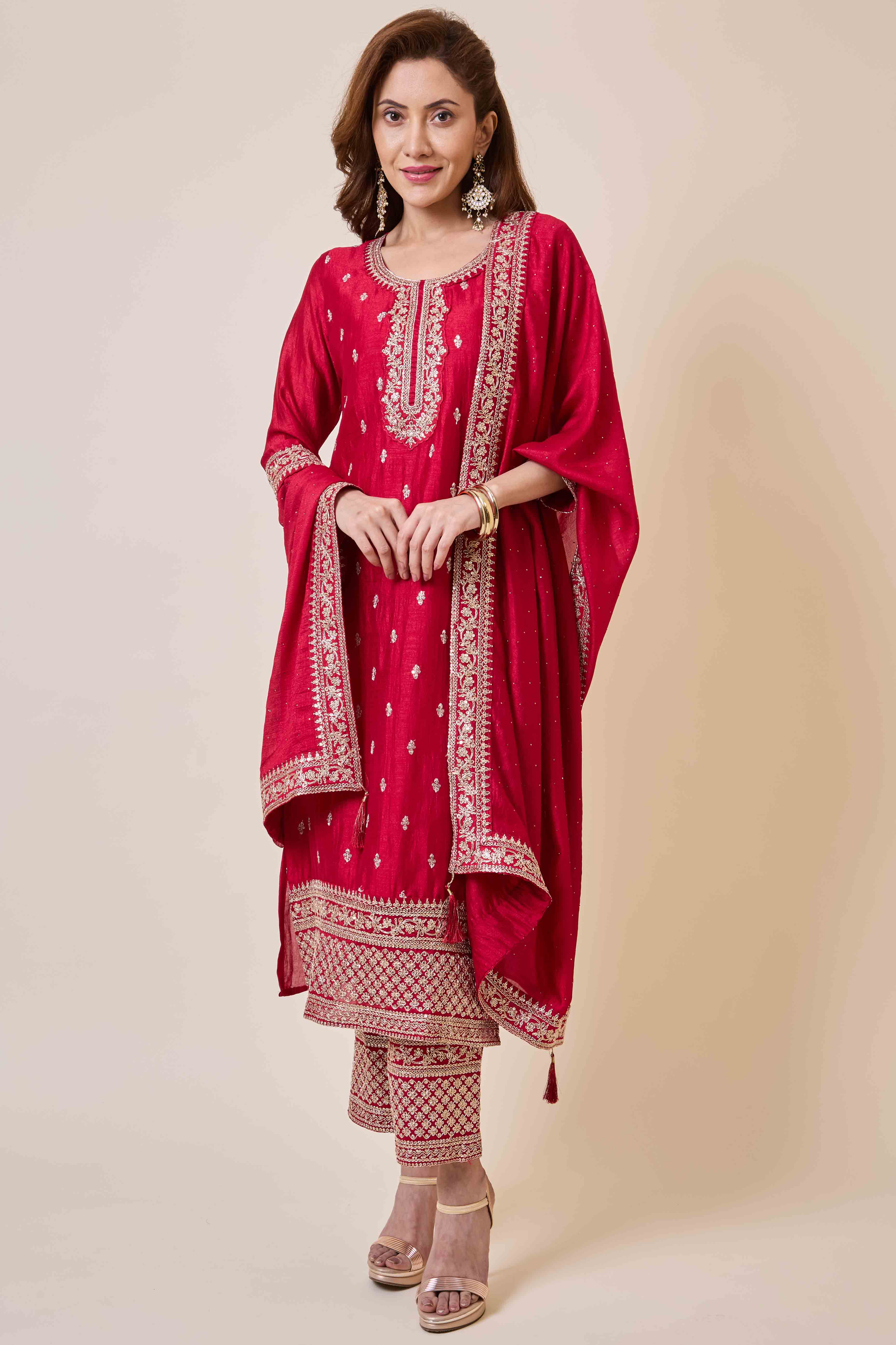 Dark Pink Embroidered Vichitra Silk Salwar Suit