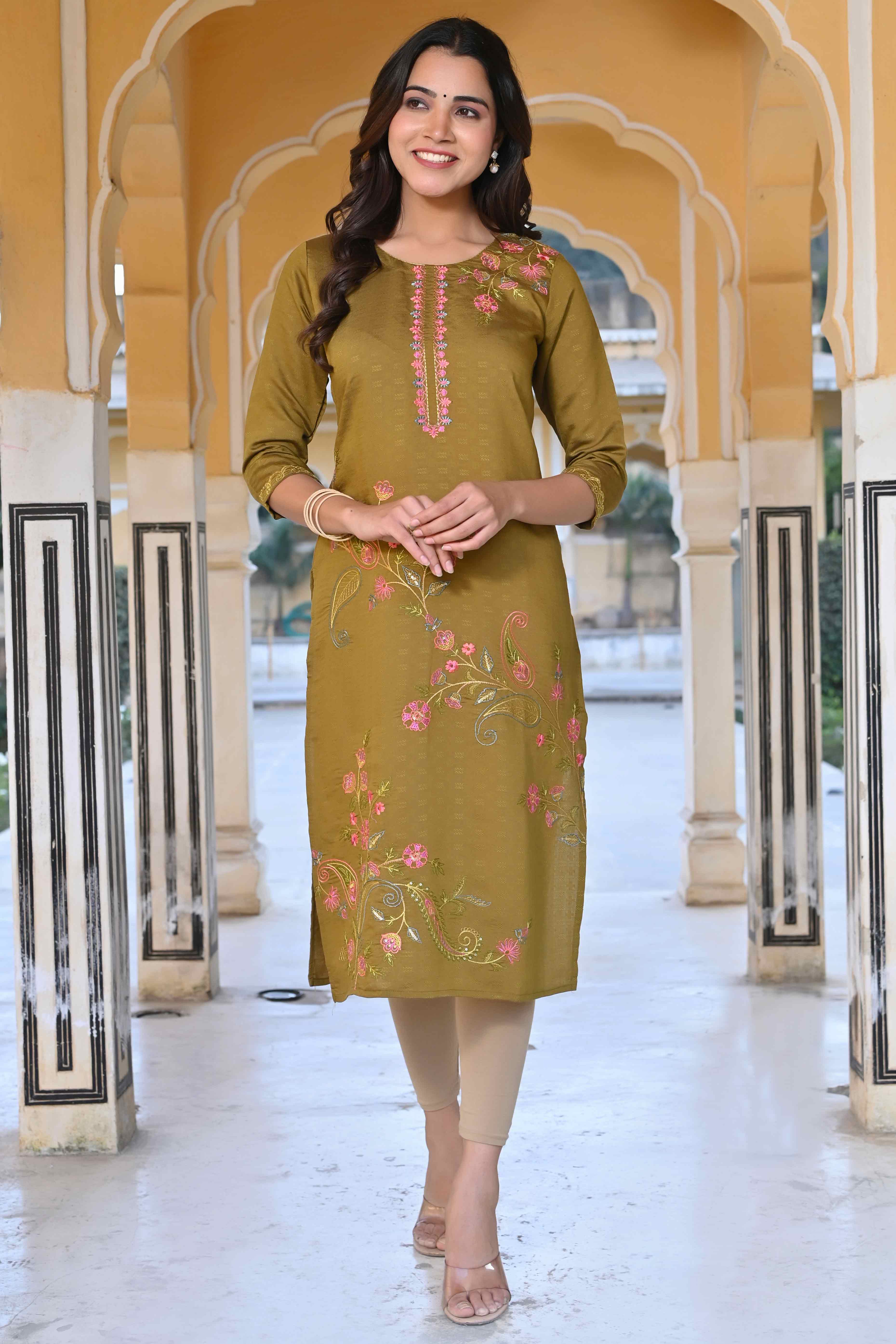 Olive Floral Embroidered Rayon Straight Kurti