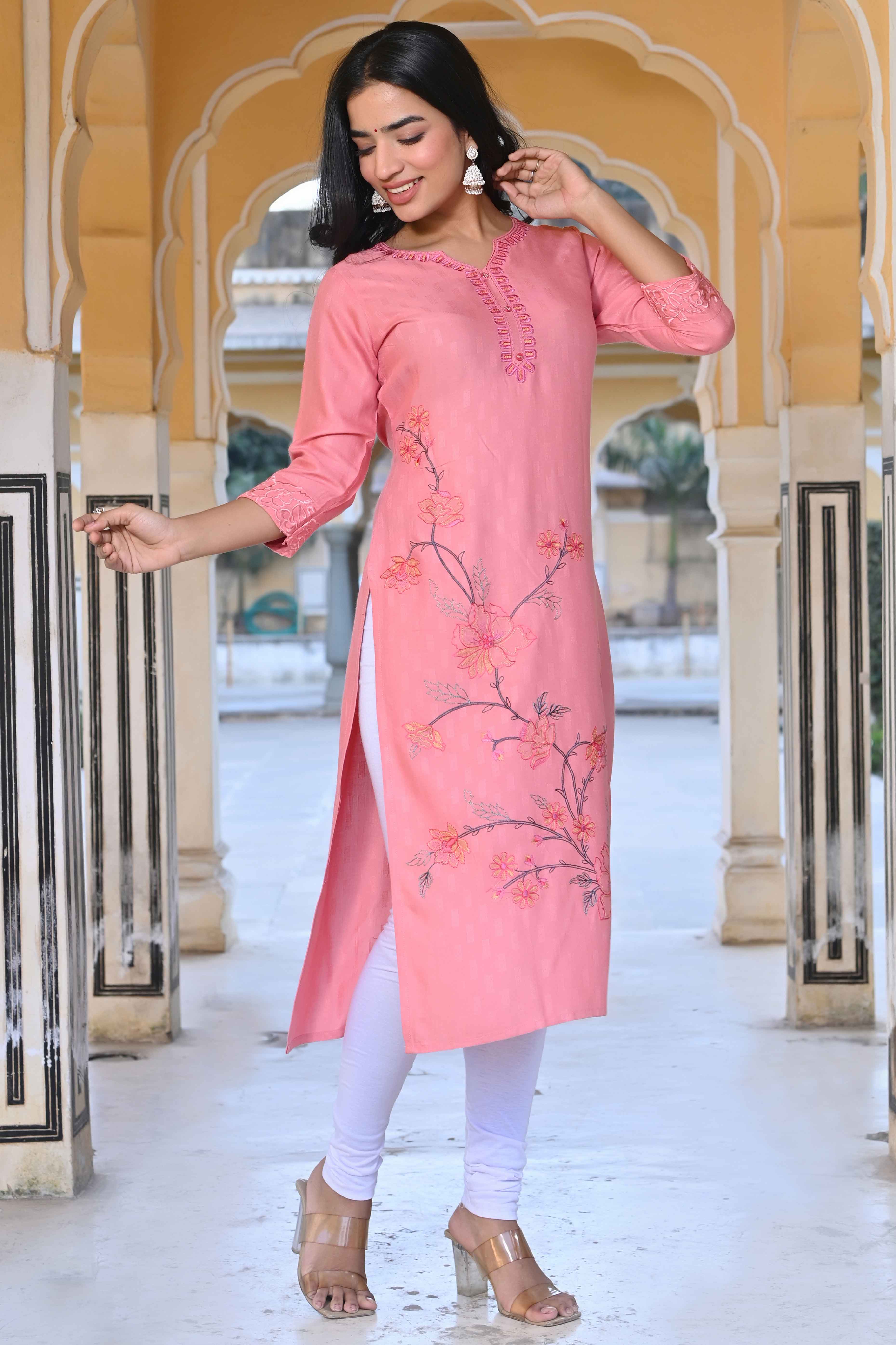 Peach Floral Embroidered Rayon Straight Kurti