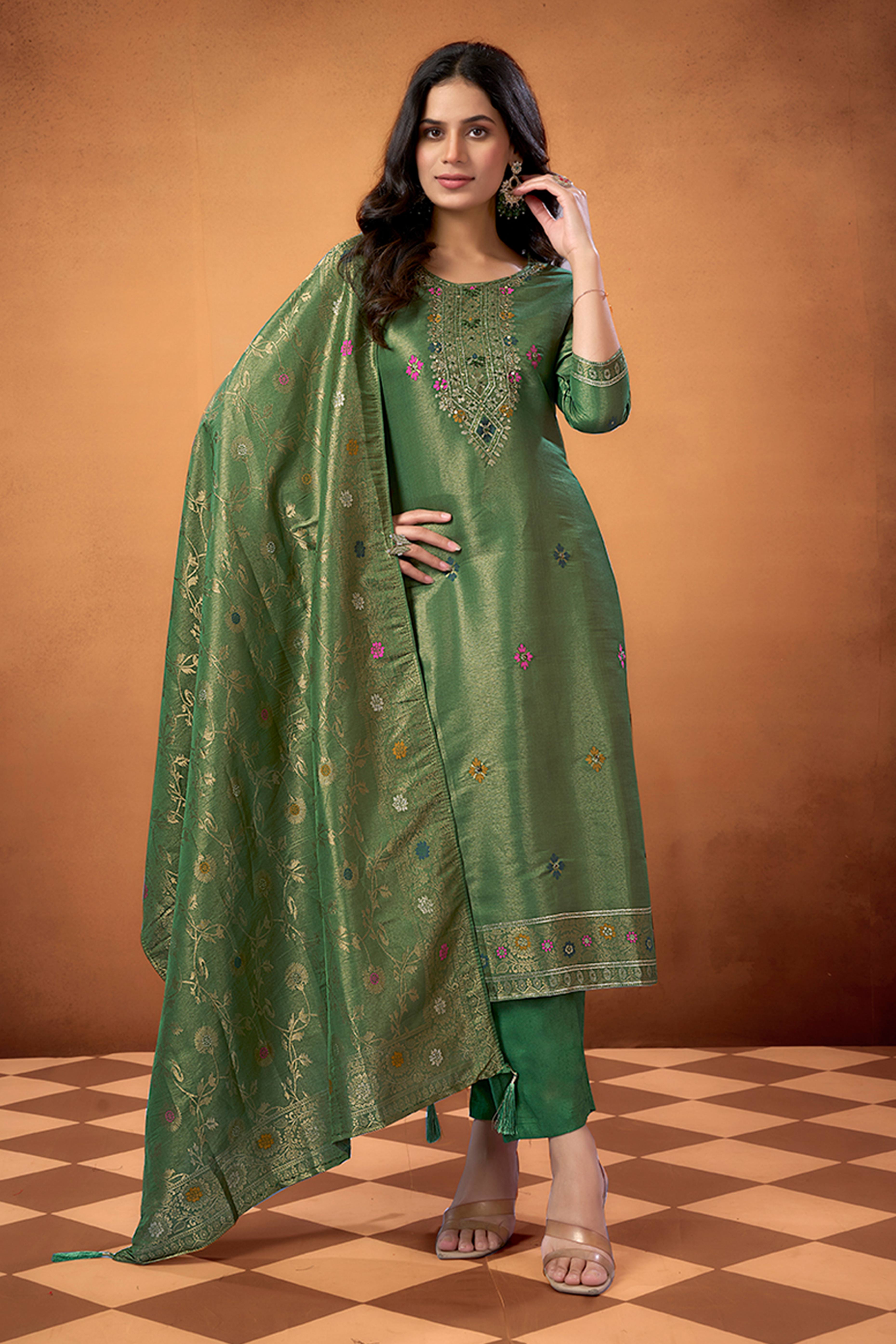 Mehandi Green Floral Handwork Woven Shimmer Straight Salwar Suit