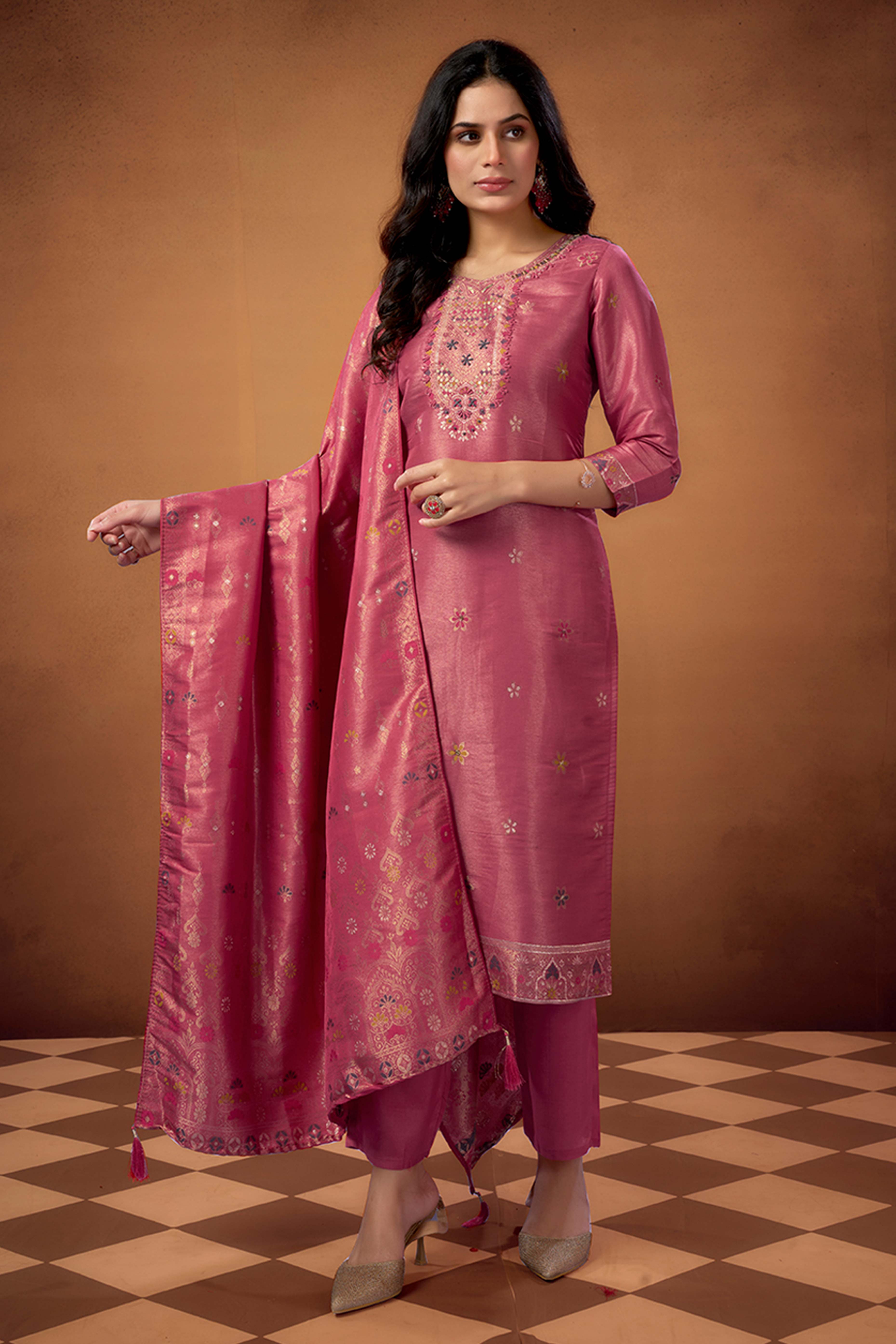 Peach Floral Embroidered Shimmer Jacquard Straight Salwar Suit