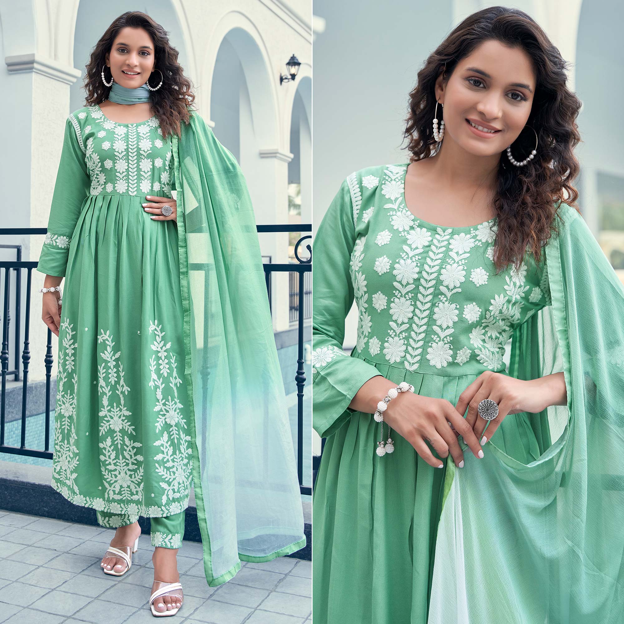 Pista Green Embroidered Rayon Salwar suit