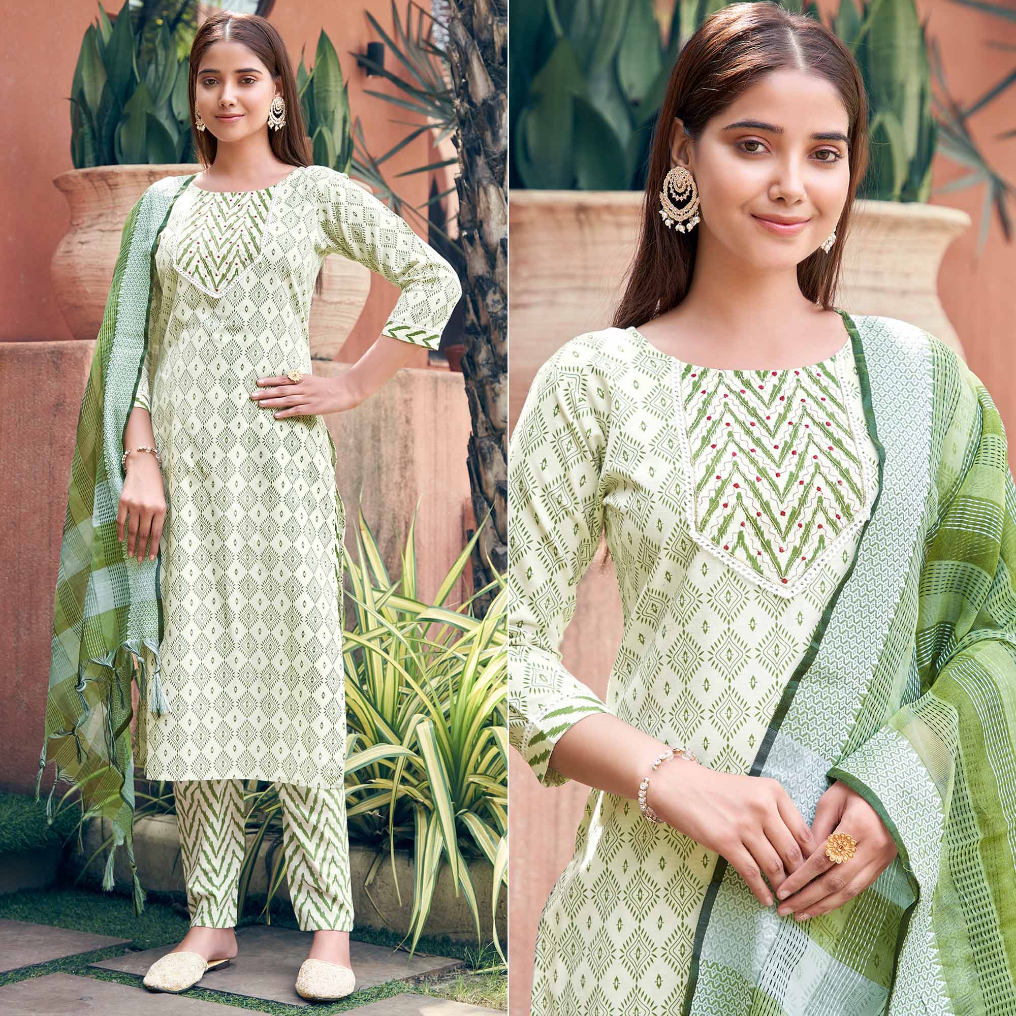 Off White & Green Printed Pure Cotton Salwar Suit