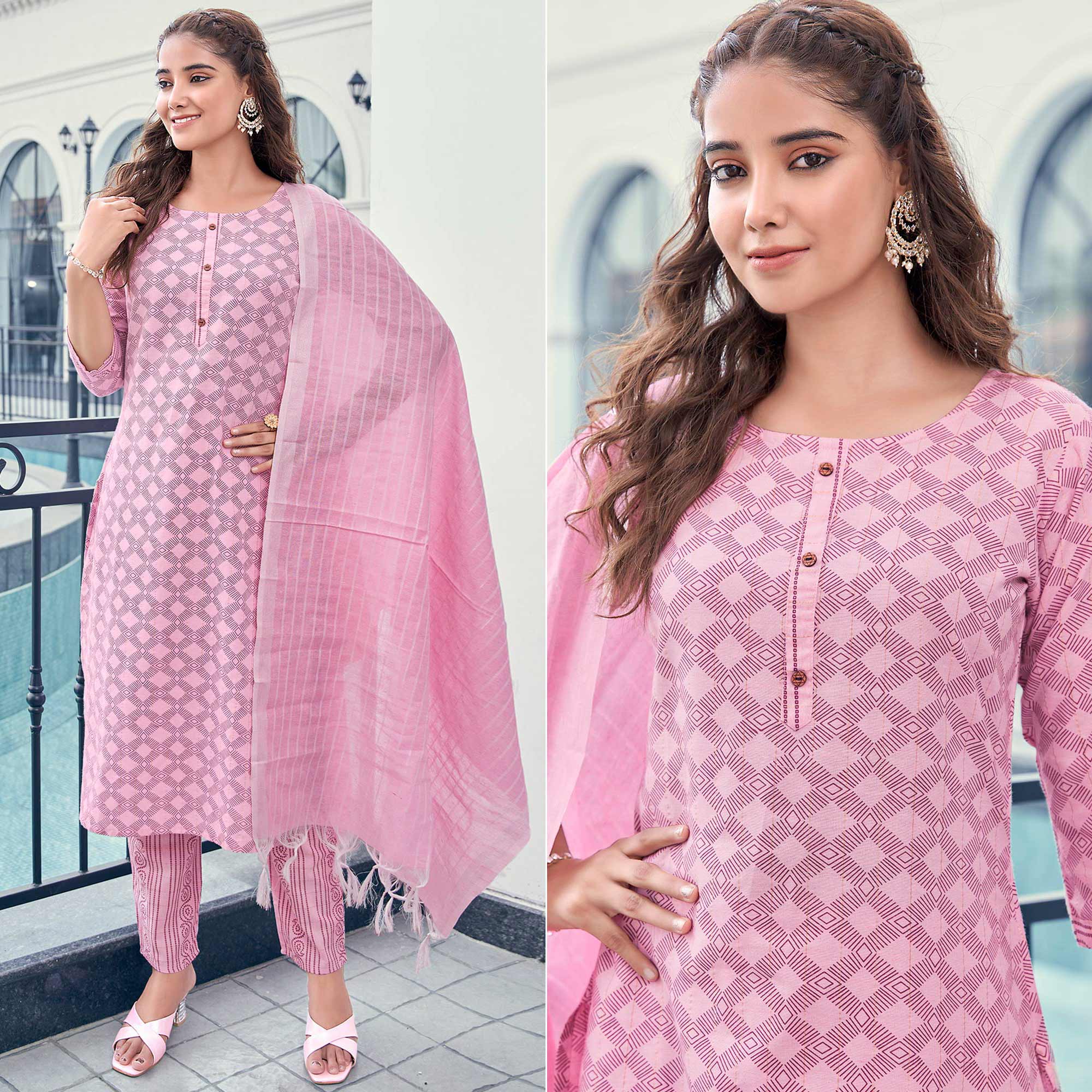 Pink Printed Pure Cotton Salwar Suit