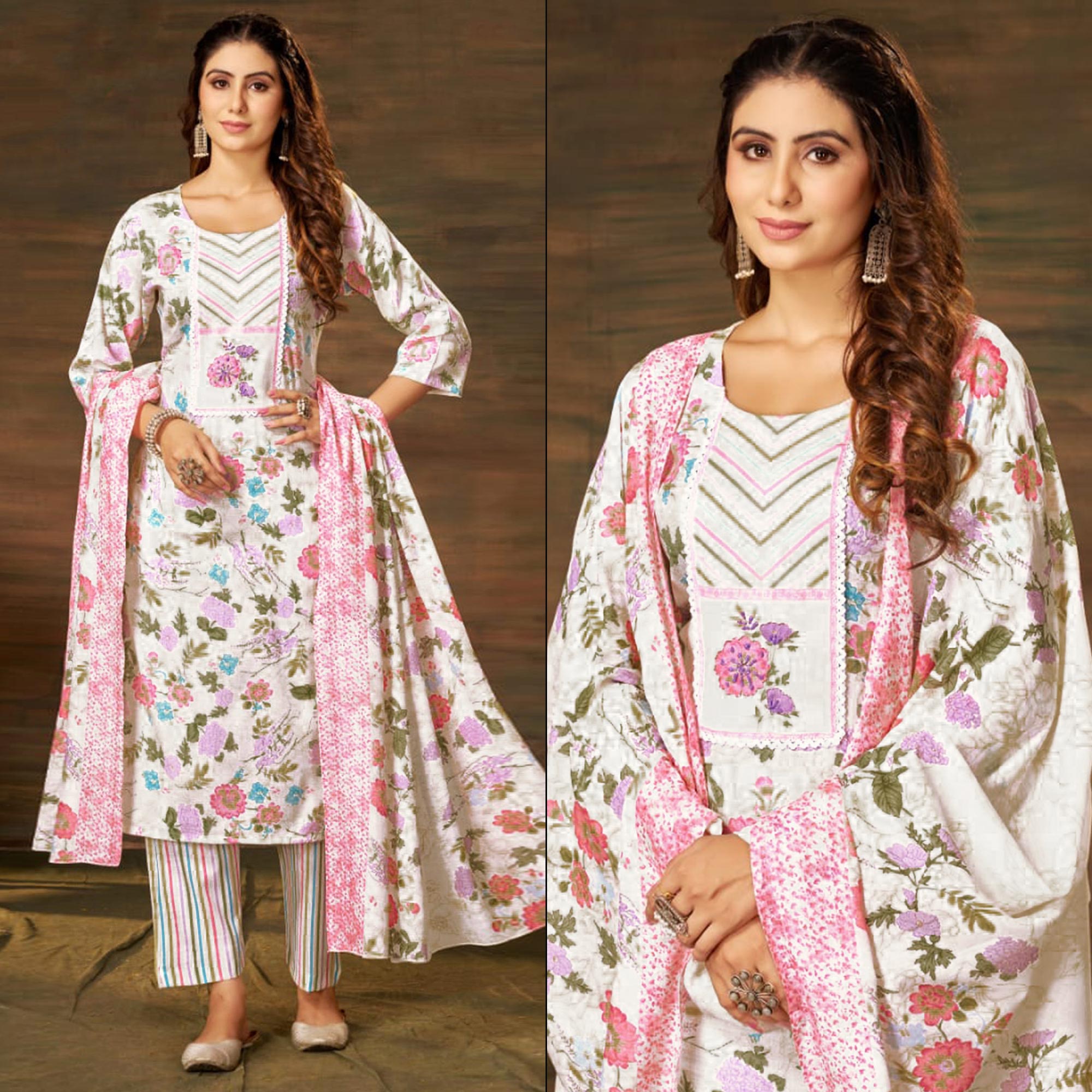 Off White Floral Printed Pure Cotton Salwar Suit