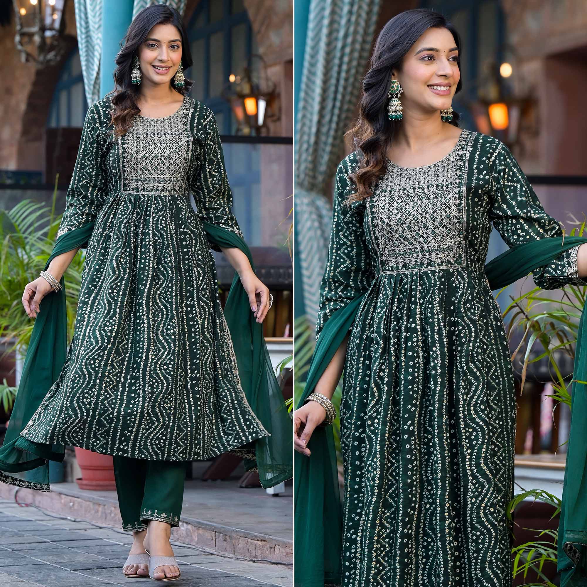Green Bandhani Printed Naira Cut Rayon Salwar Suit