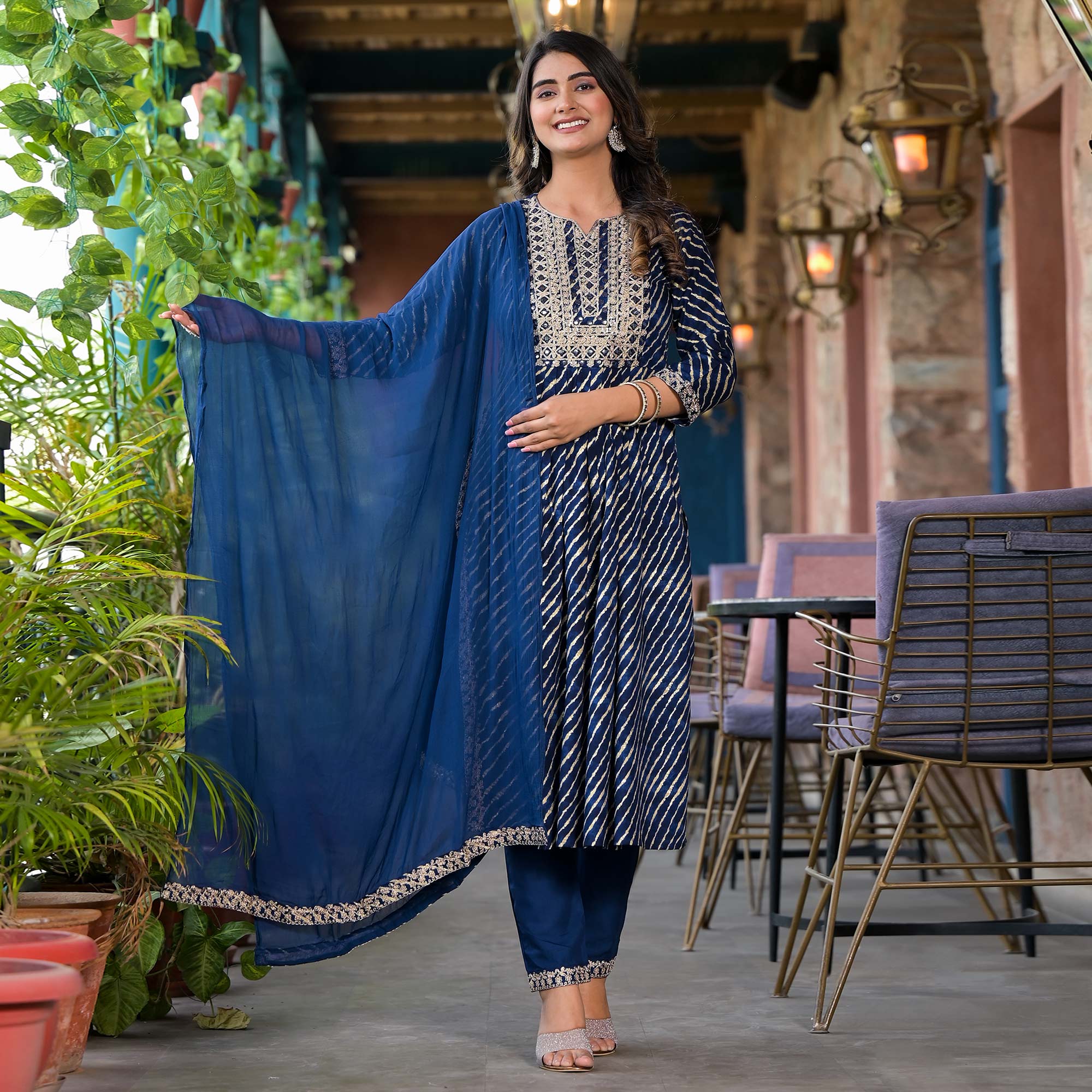 Navy Blue Leheriya Printed Naira Cut Rayon Salwar Suit