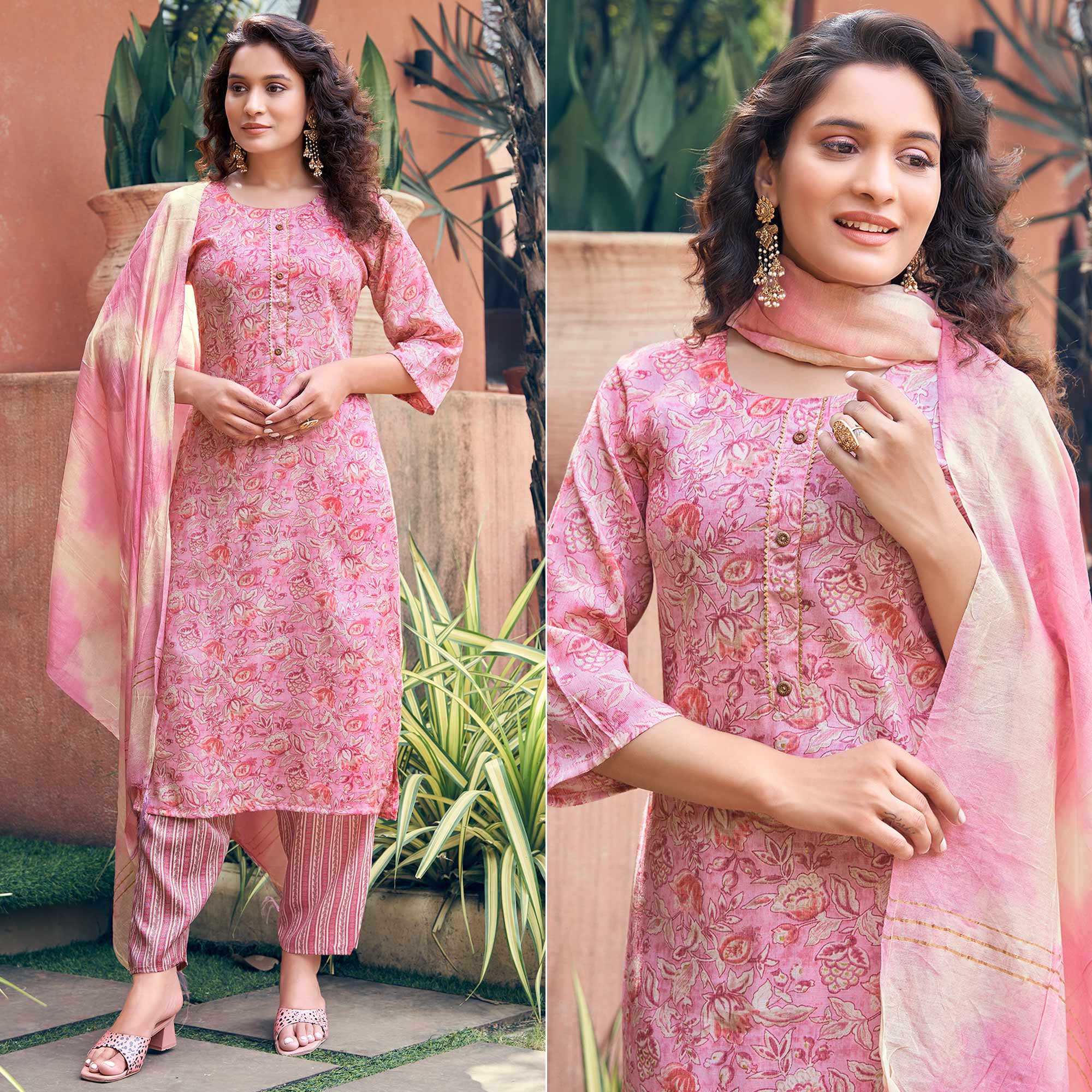 Pink Floral Foil Printed Rayon Suit