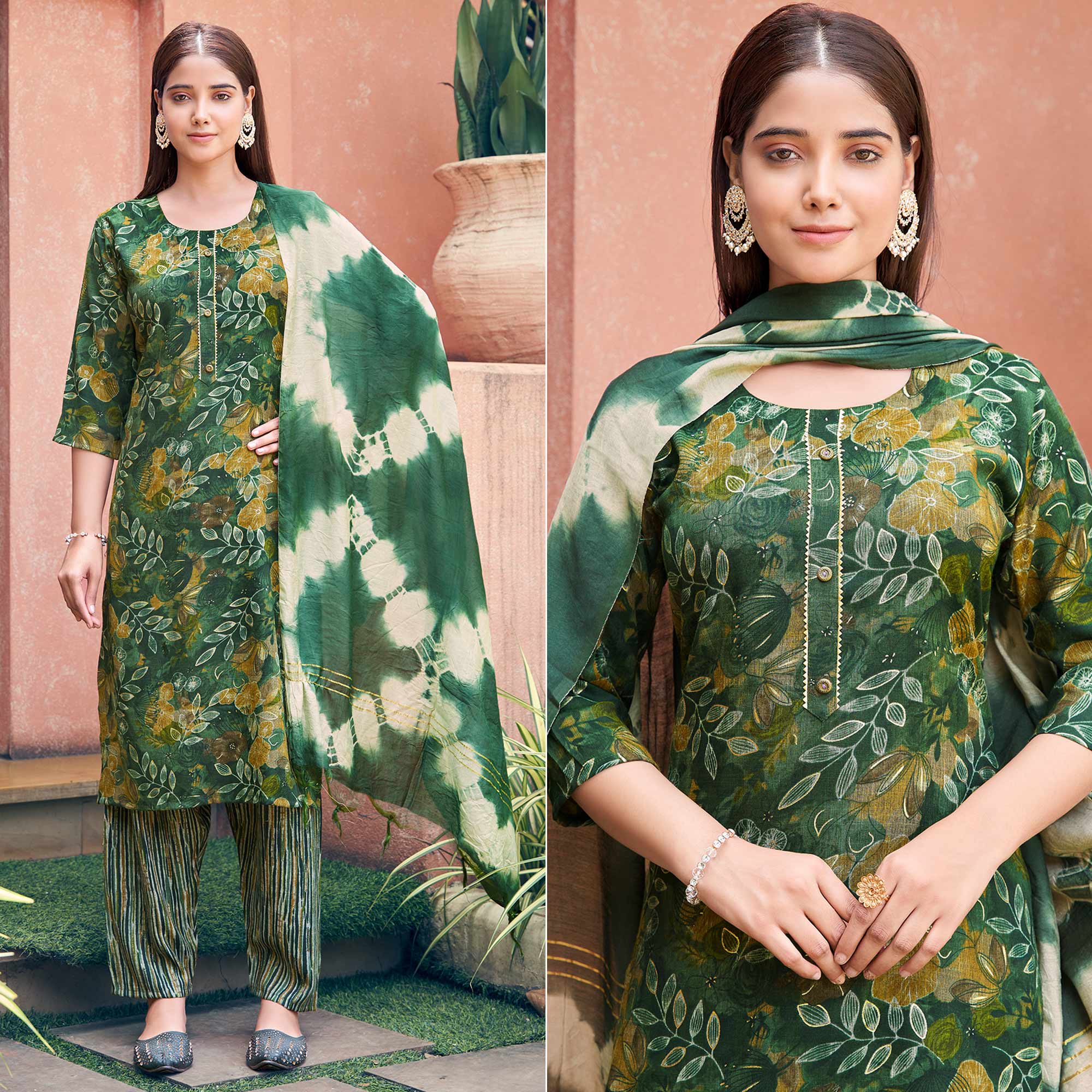 Green Floral Foil Printed Rayon Suit