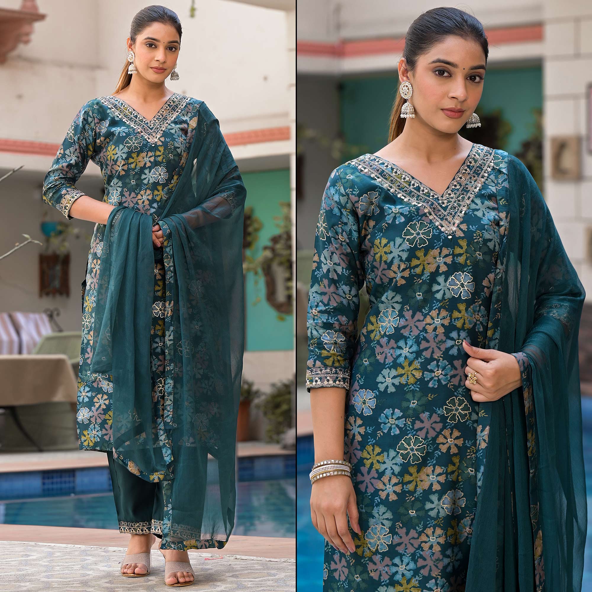 Teal Floral Foil Printed Chanderi Silk Salwar Suit