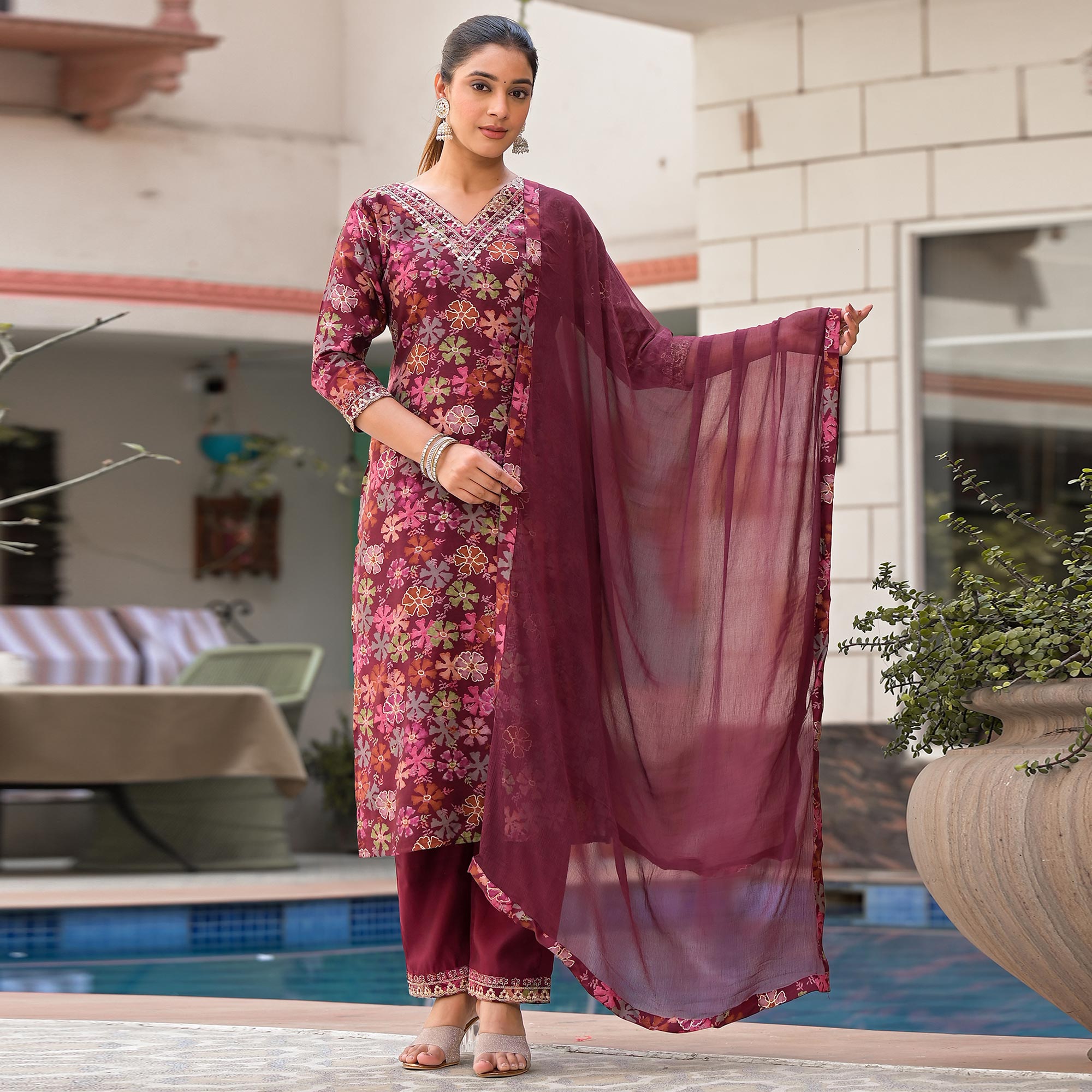 Wine Floral Foil Printed Chanderi Silk Salwar Suit
