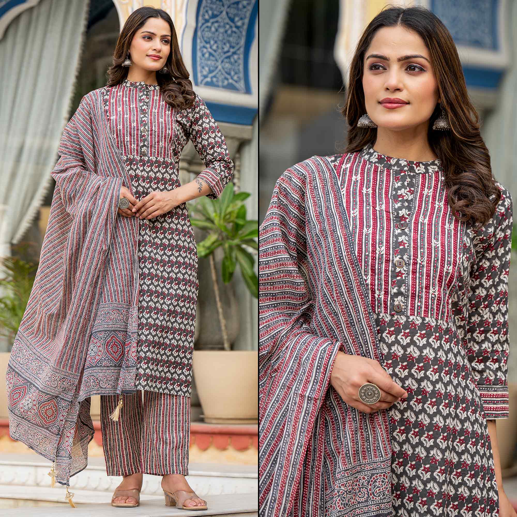 Grey Floral Printed Pure Cotton Straight Salwar Suit