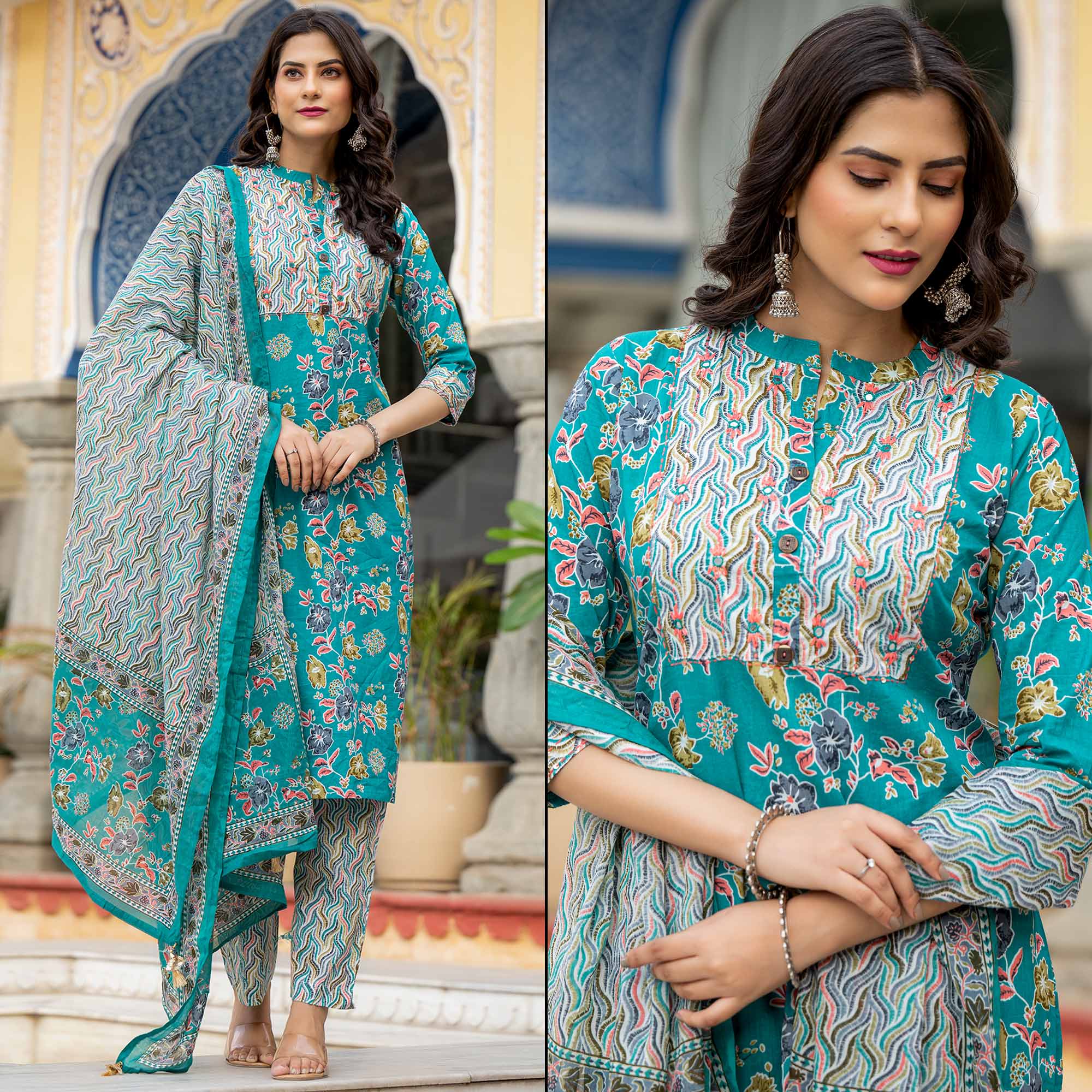 Turquoise Floral Printed Pure Cotton Straight Salwar Suit