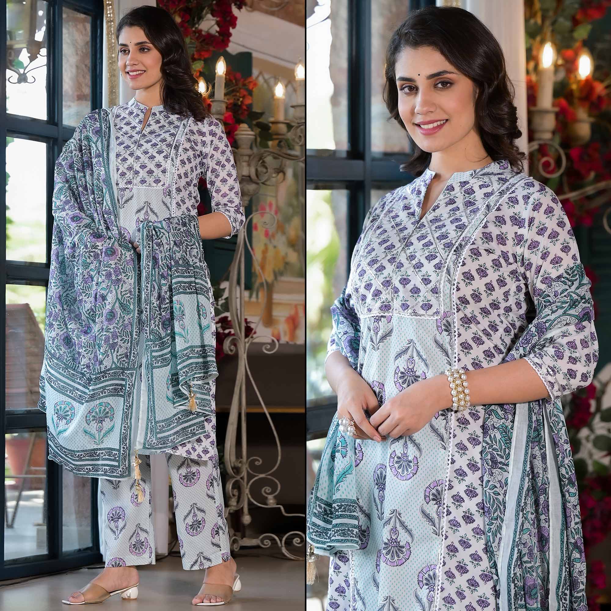 White & Purple Floral Printed Pure Cotton Salwar Suit