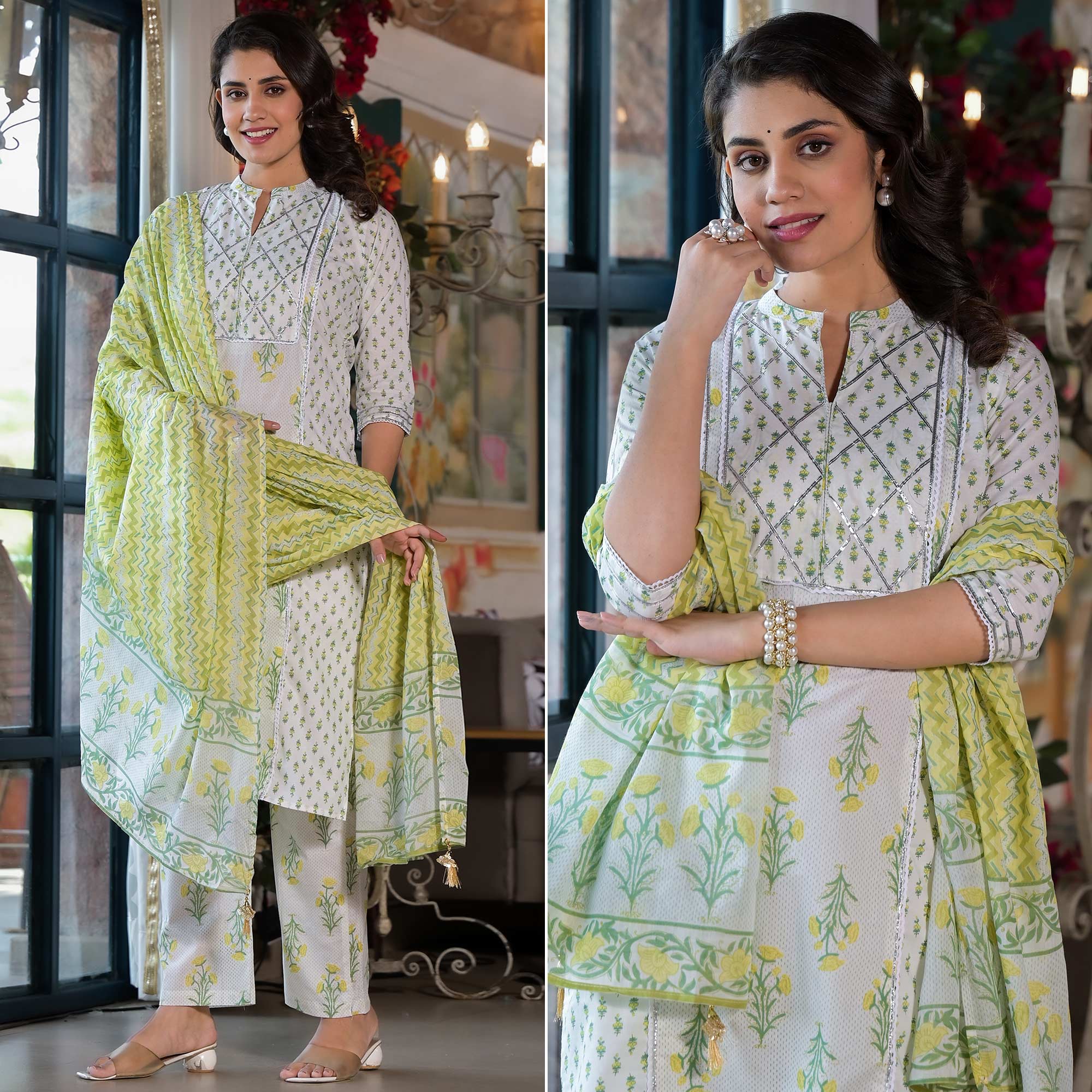 White & Lemon Yellow Floral Printed Pure Cotton Salwar Suit