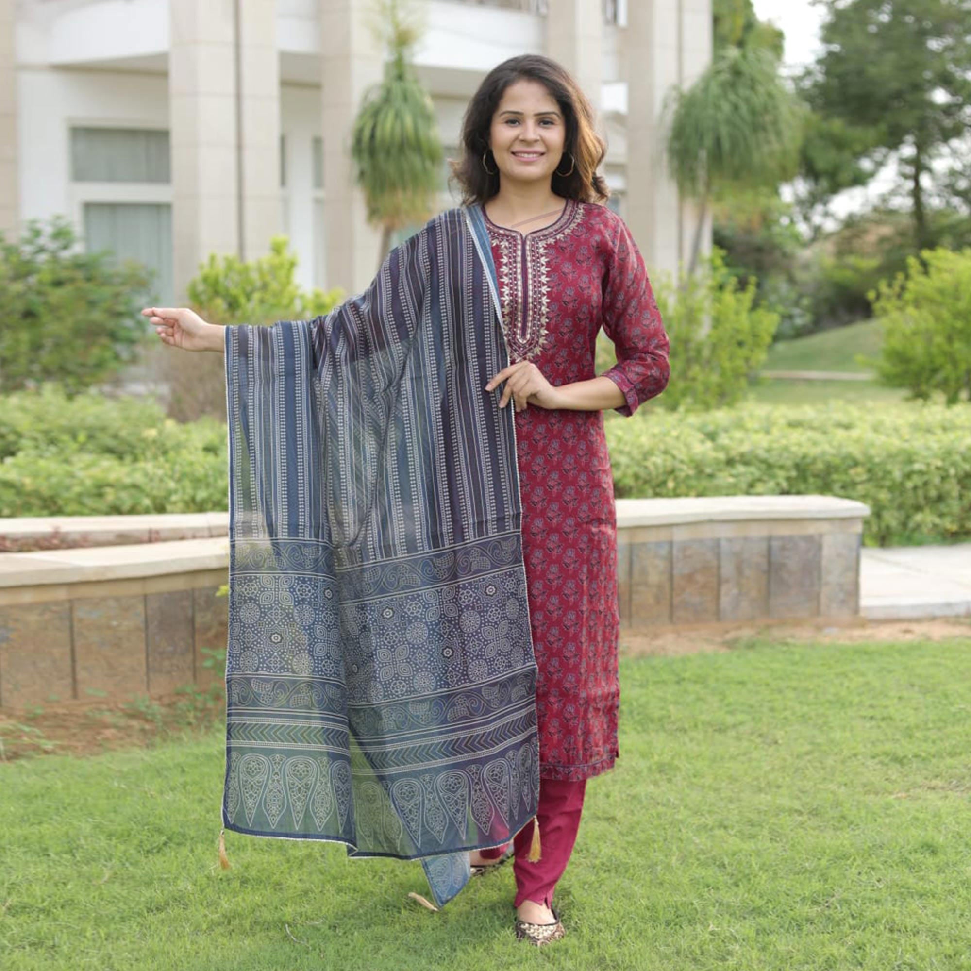 Pink Floral Printed With Embroidered Pure Cotton Kurti Pant Set With Dupatta