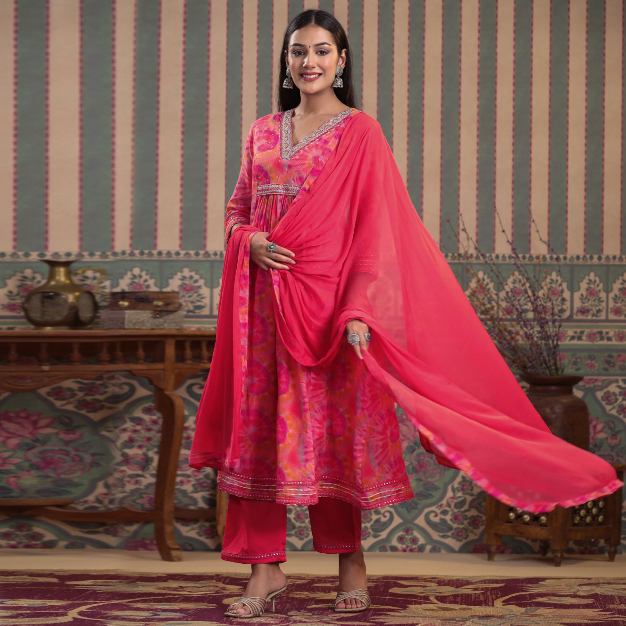 Peach & Pink Printed With Embroidered Chiffon Anarkali Suit
