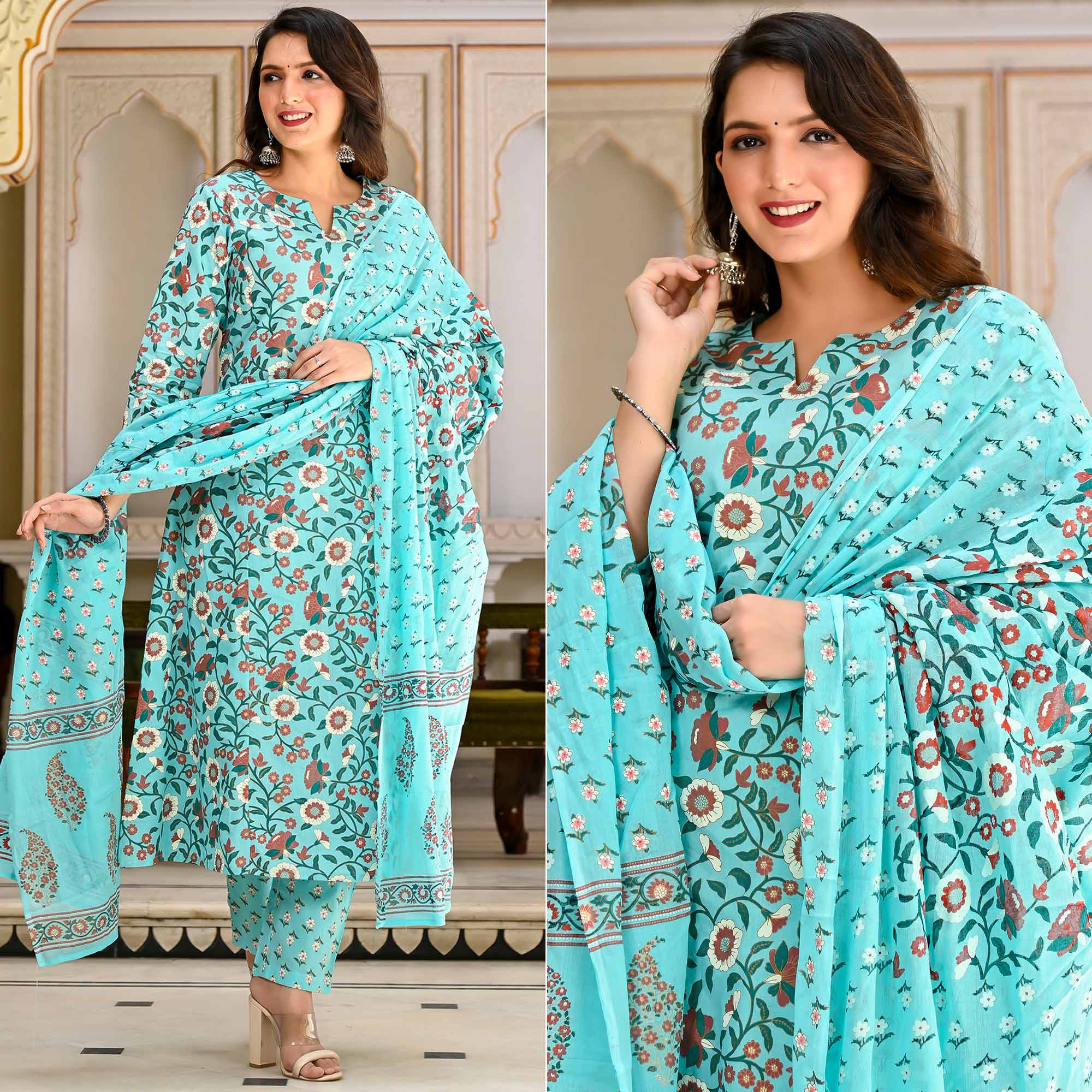 Aqua Blue Floral Printed Pure Cotton A Line Suit