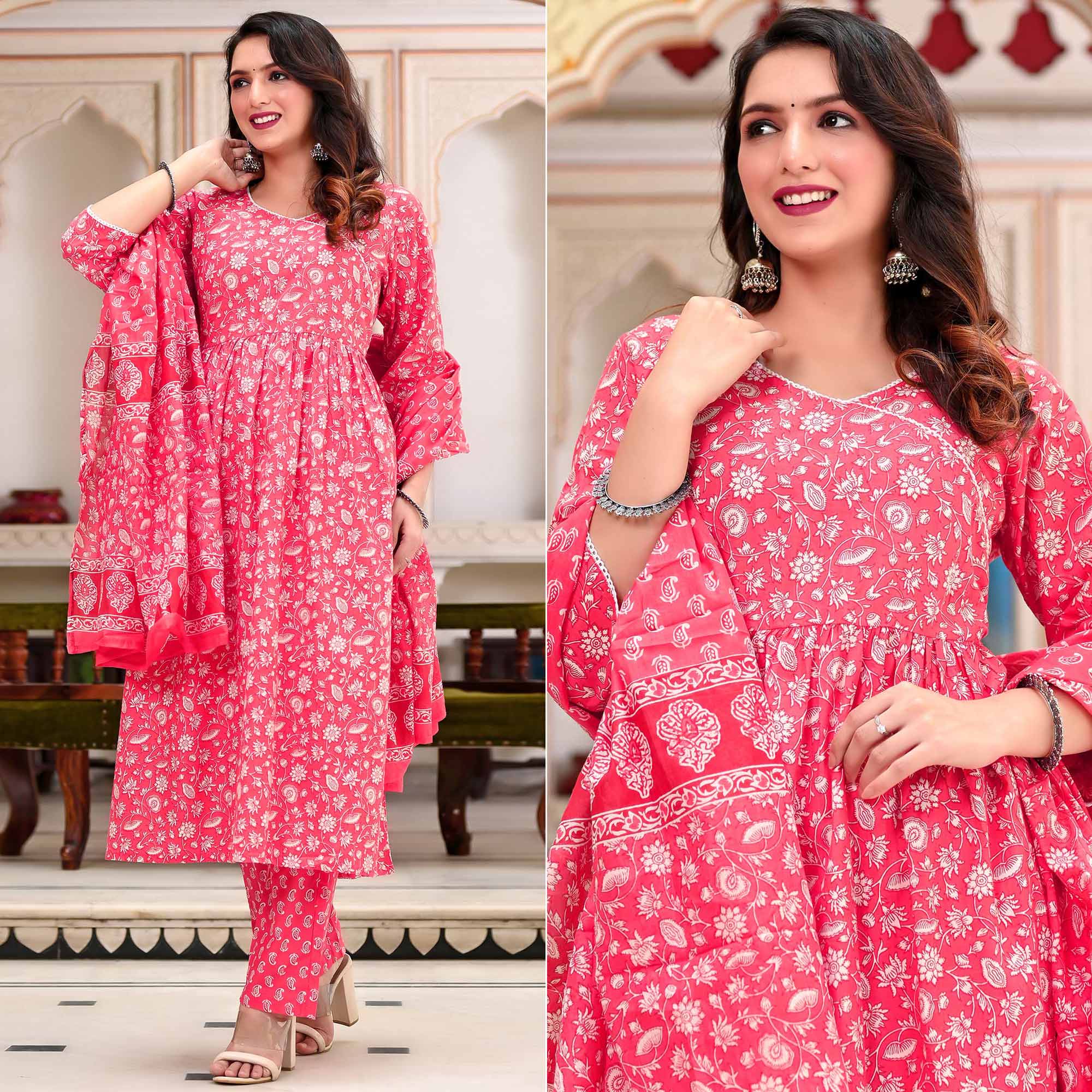 Pink Floral Printed Pure Cotton Anarkali Suit