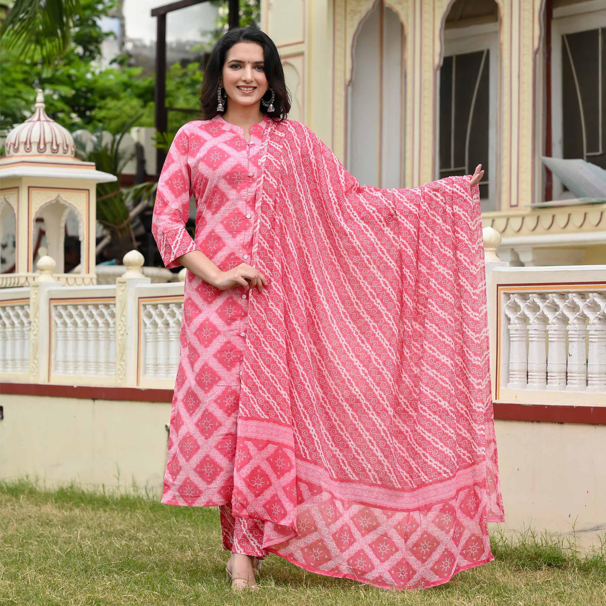 Pink Geometric Printed Pure Cotton Suit