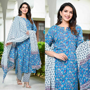 Blue Floral Printed Pure Cotton Salwar Suit
