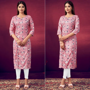 Pink Floral Foil Printed Rayon Kurti