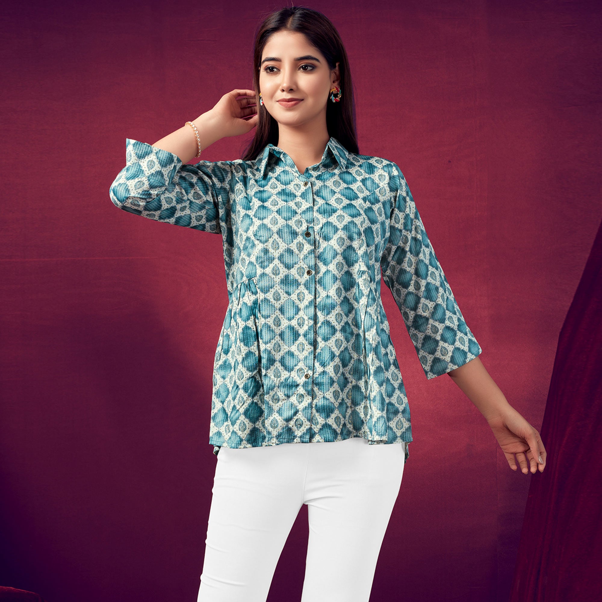 Turquoise Printed Pure Cotton Top