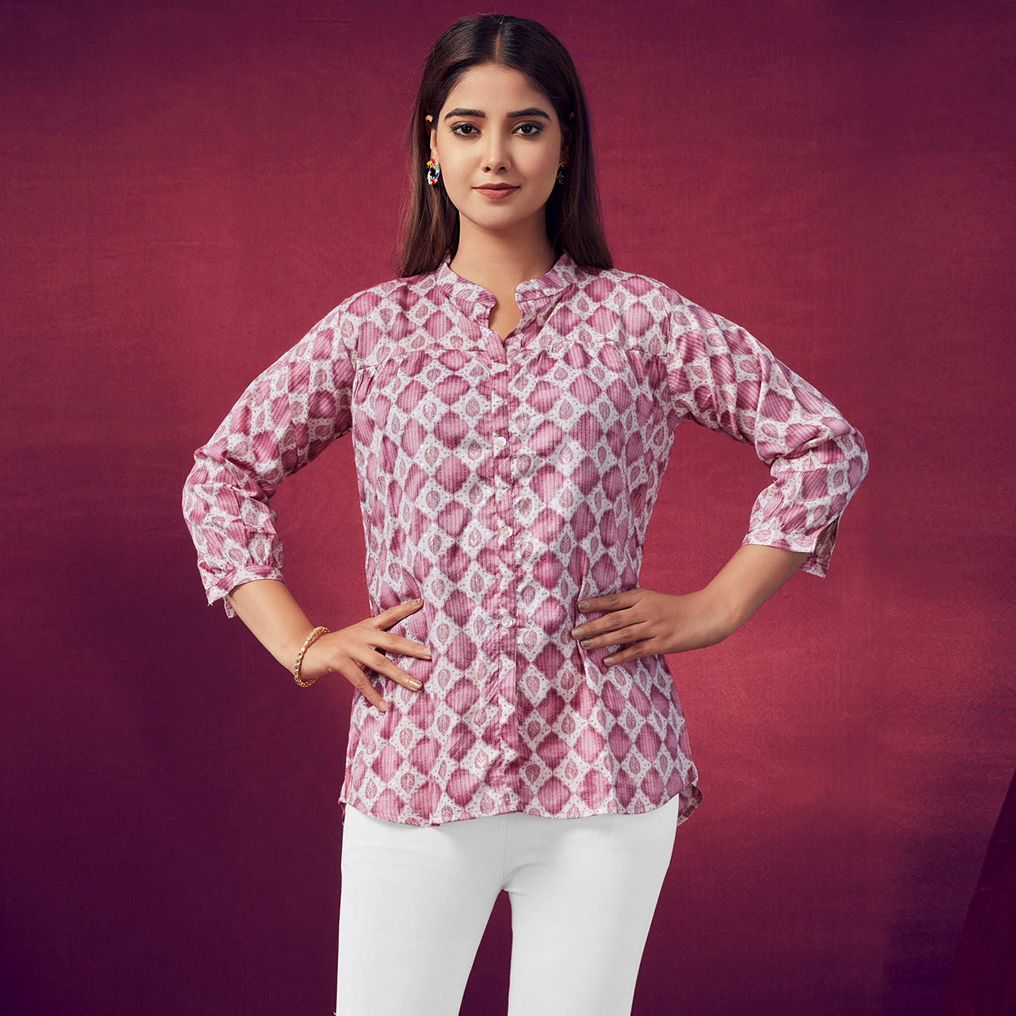 White & Pink Printed Chanderi Silk Top