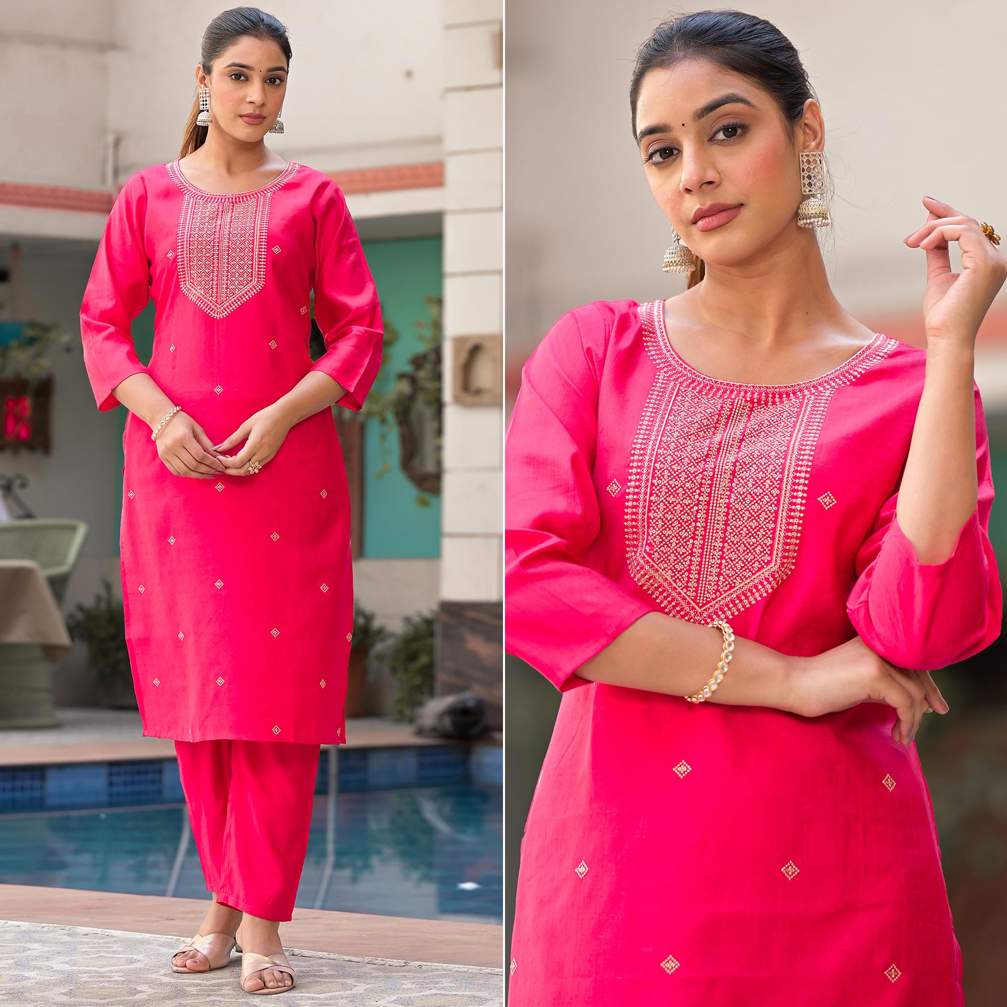 Pink Embroidered Viscose Straight Kurti Sets