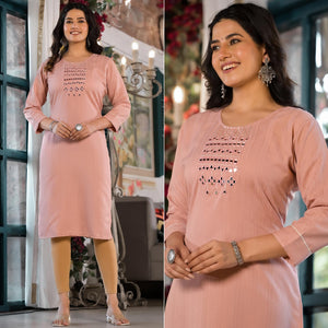 Peach Striped Embroidered Rayon Straight Kurti