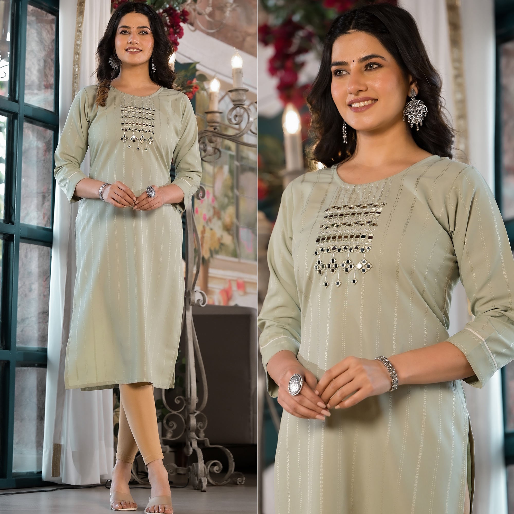 Sea Green Striped Embroidered Rayon Straight Kurti