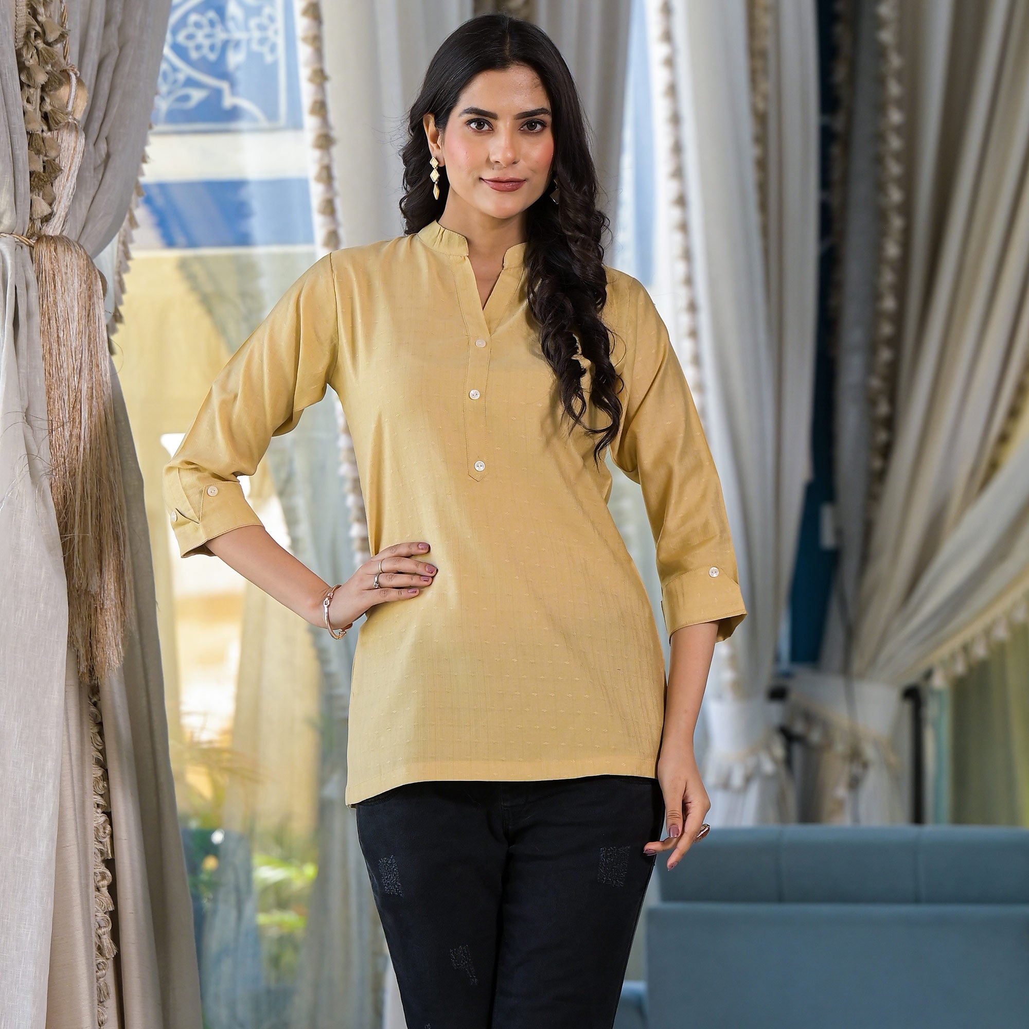 Beige Solid Cotton Silk Straight Top