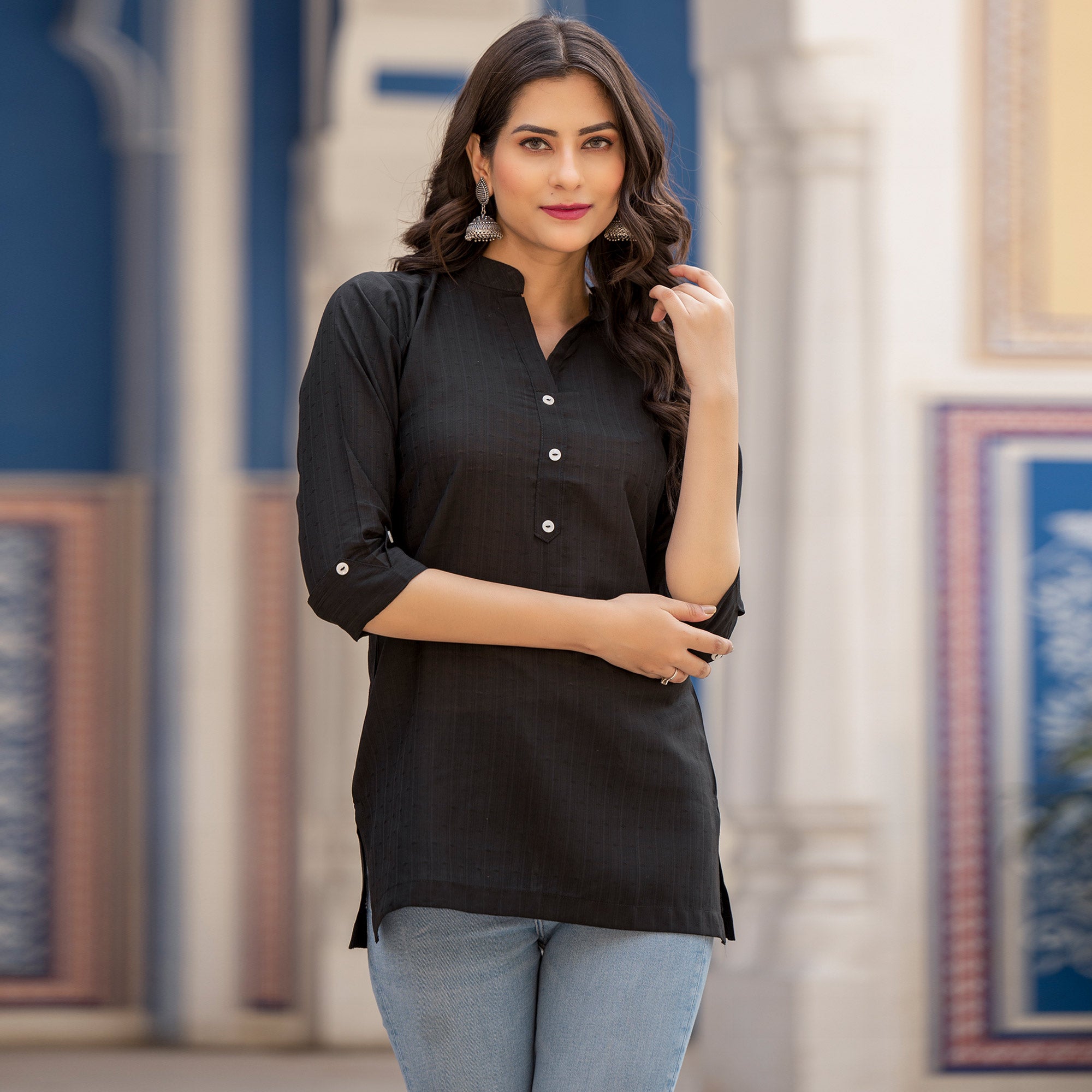 Black Solid Cotton Silk Straight Top